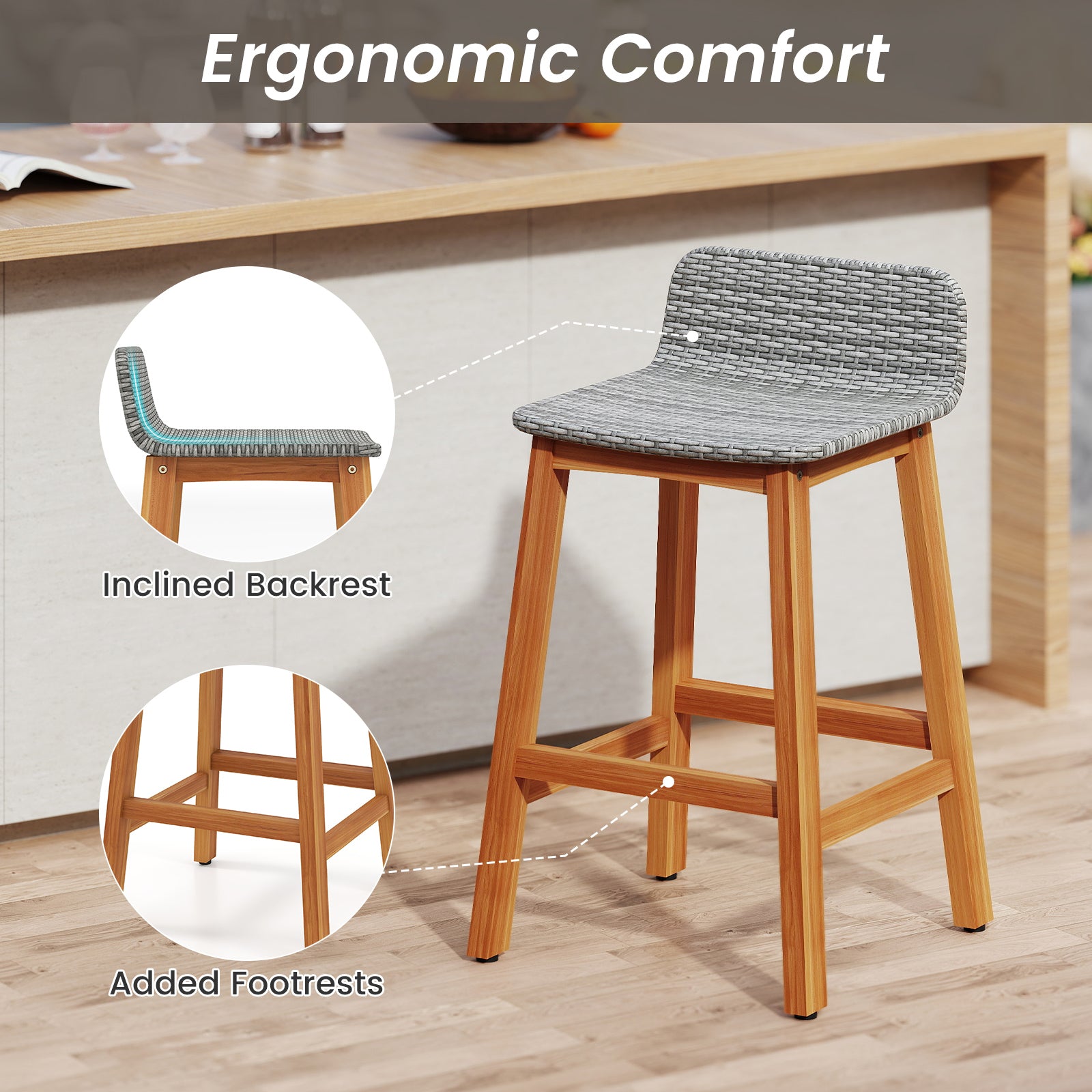 Solid Acacia Wood Bar Stools, Set of 2, Gray Patio Bar Furniture at Gallery Canada