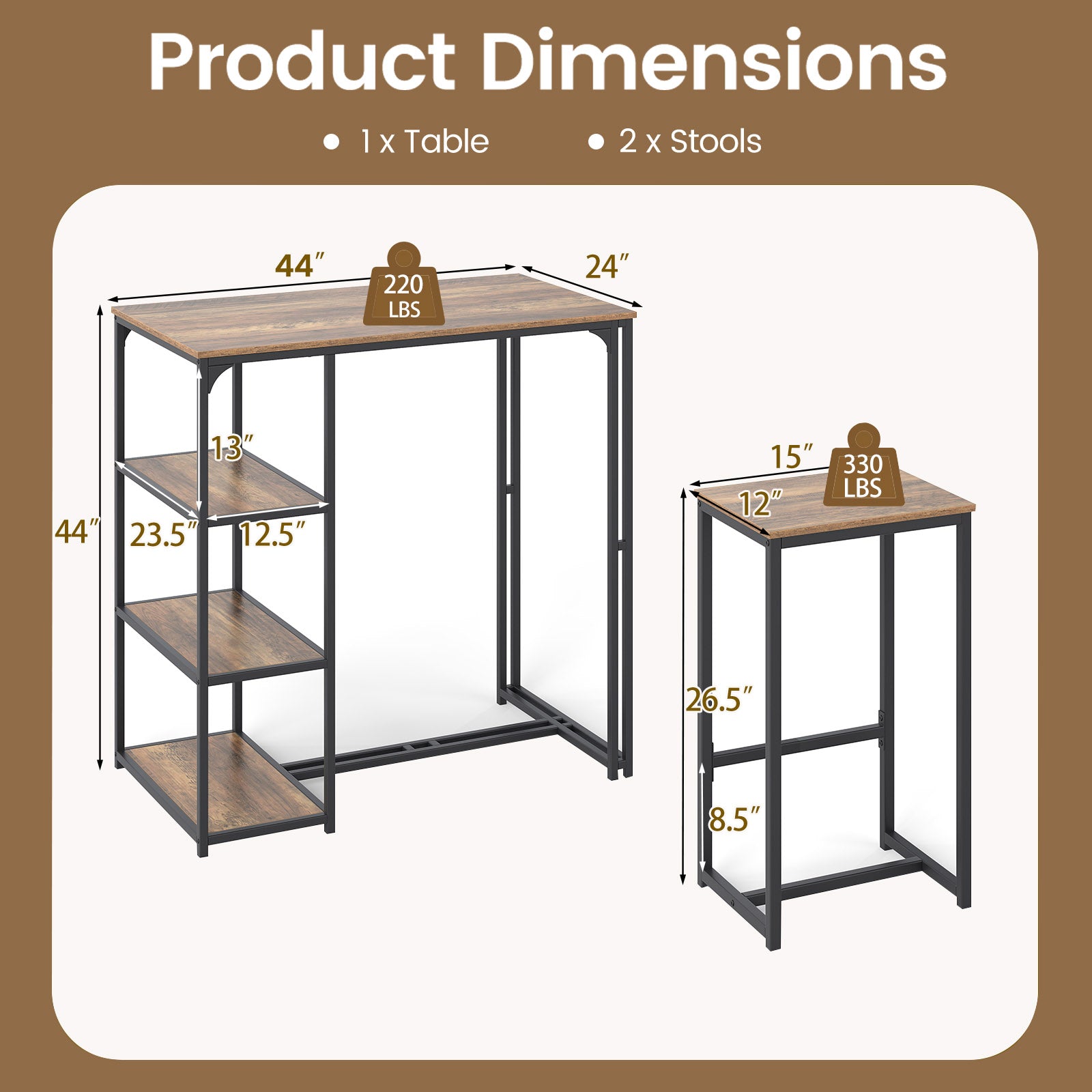 3-Piece Bar Table Set, 2 Bar-Height Dining Table, 2 Stools, Brown Dining Room Sets at Gallery Canada
