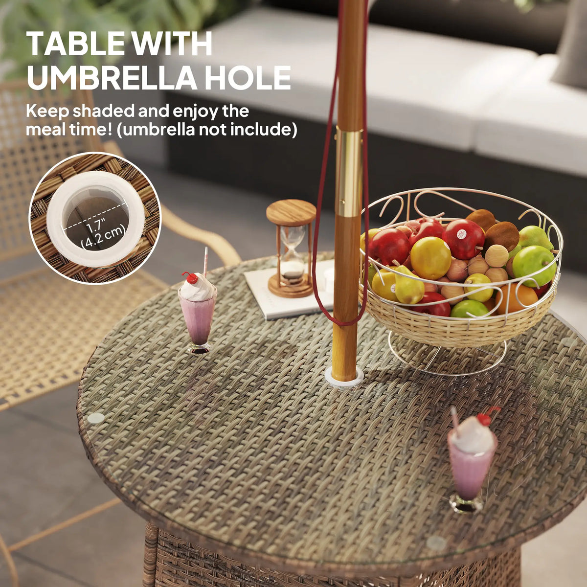 31.5" Round Patio Table with Umbrella Hole, Tempered Glass Top, Brown Coffee Tables at Gallery Canada