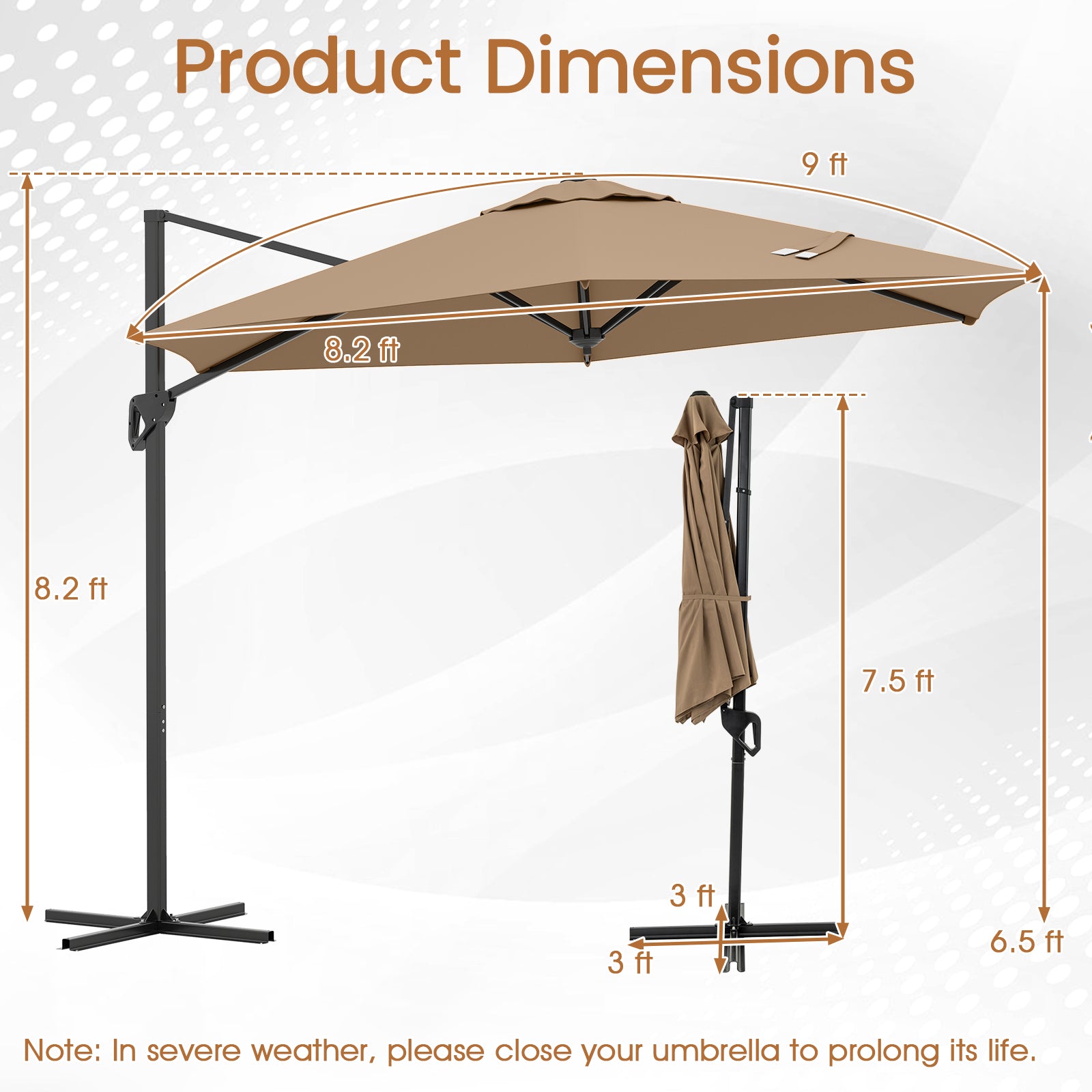 9 FT Cantilever Patio Umbrella, Vented Top, Sun-Protective Canopy, Brown Outdoor Umbrellas at Gallery Canada