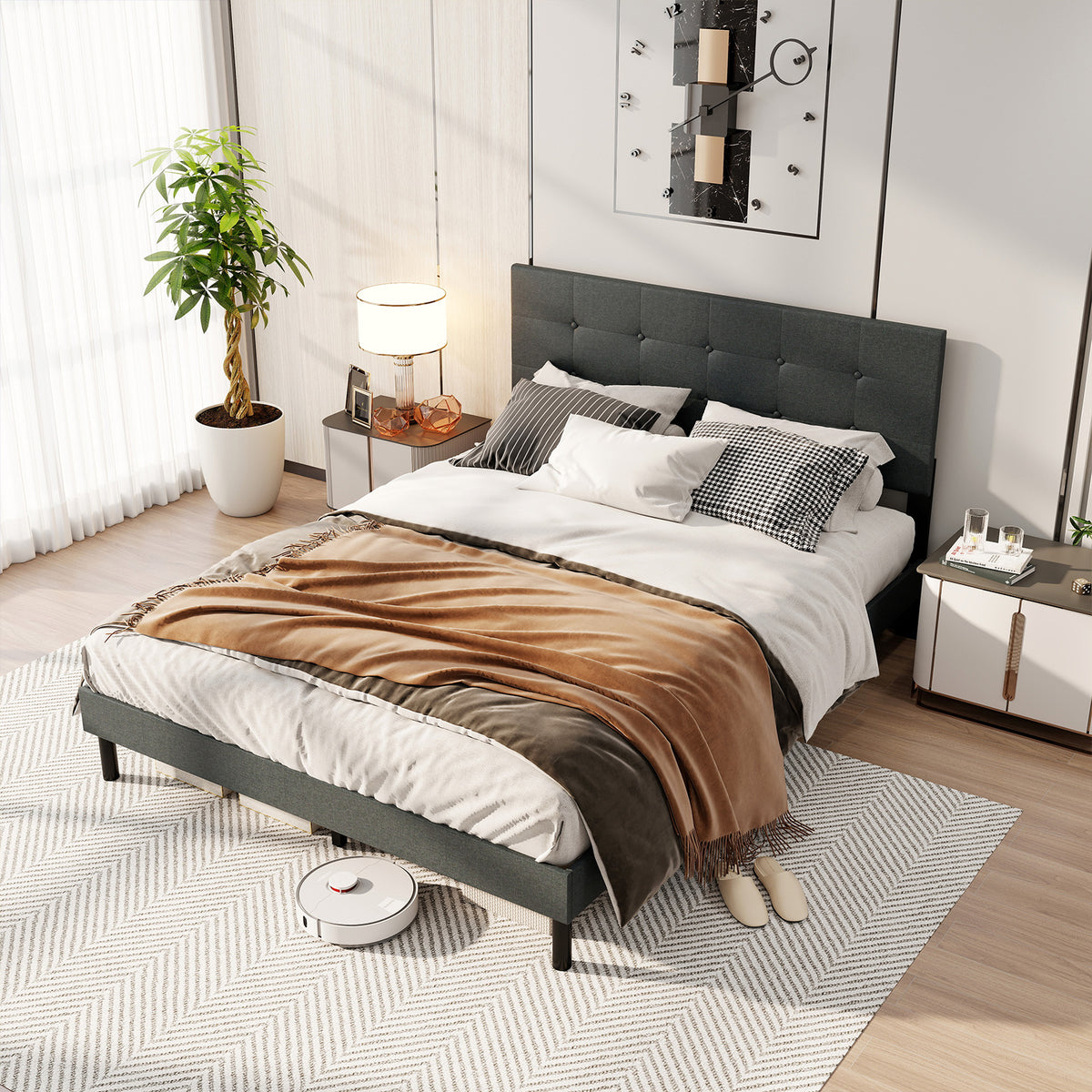 Queen Size Upholstered Bed Frame, Platform Bed, Dark Gray Simple Bed Frame at Gallery Canada