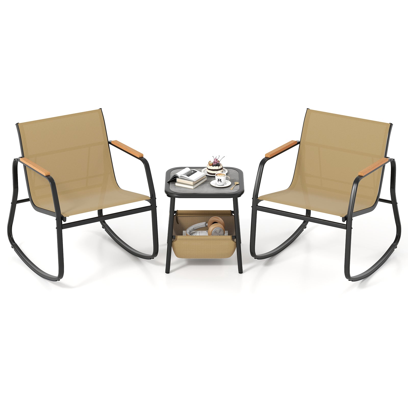 3 Piece Rocking Bistro Chairs, Side Table Set, Storage Bag, Brown Patio Conversation Sets at Gallery Canada