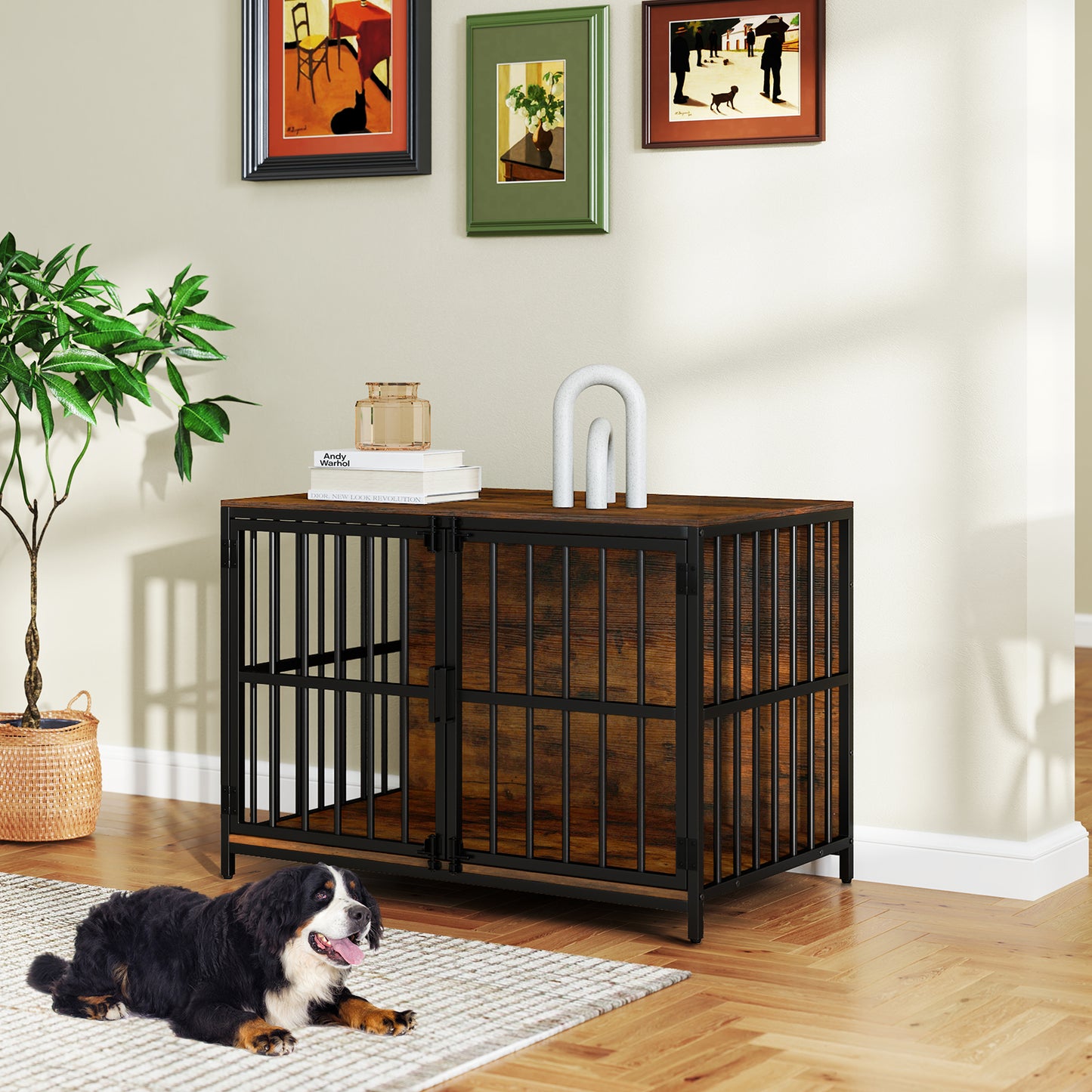 40 Inch Dog Crate Furniture, Dual Lockable Doors, Rustic Brown Dog Kennels at Gallery Canada