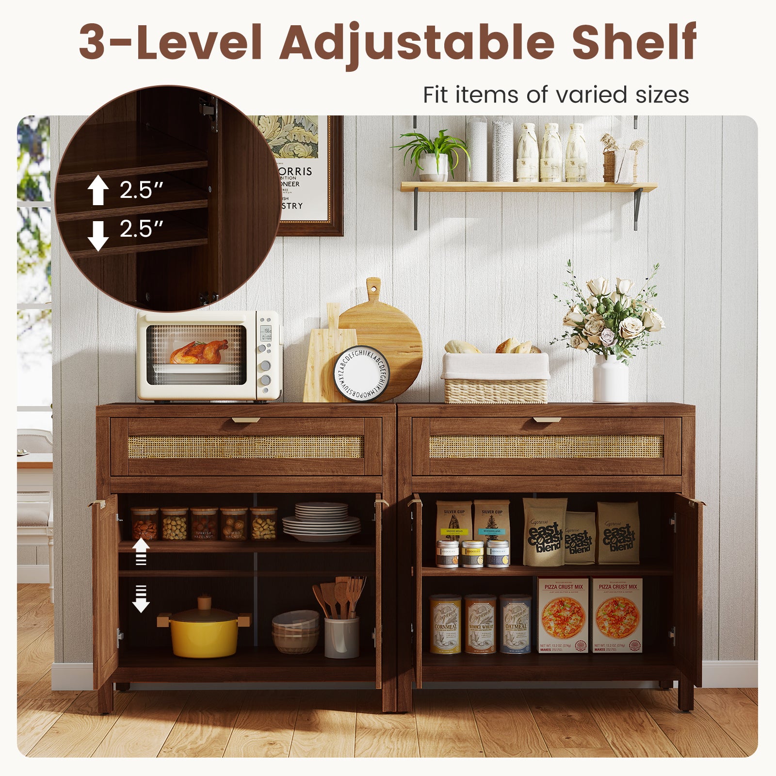 Sideboard Storage Cabinet, Rattan Doors And Drawer, Brown Sideboards Cabinets & Buffets at Gallery Canada