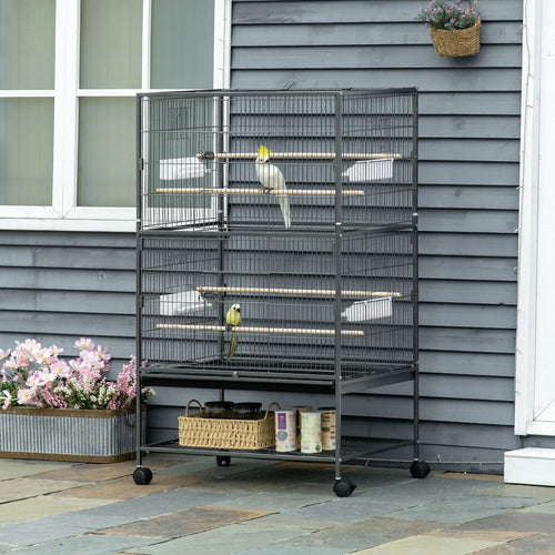 52'' Large Rolling Bird Cage, Storage Shelf, Wood Perch, Dark Grey