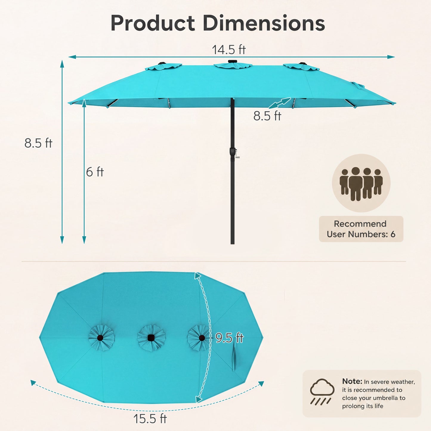 15.5FT Extra-Large Patio Umbrella, Turquoise Outdoor Umbrellas at Gallery Canada