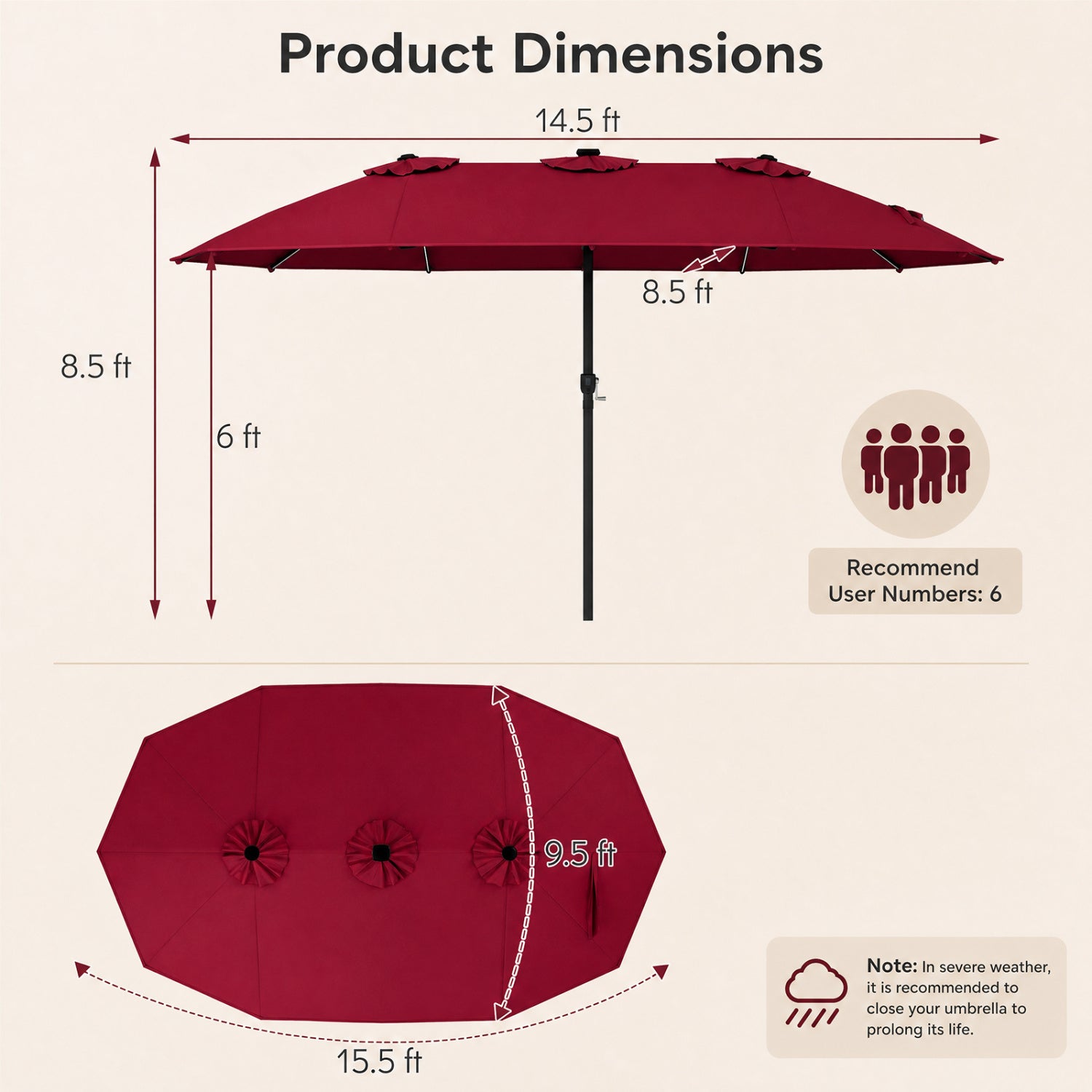 15.5FT Extra-Large Patio Umbrella, 12 Metal Ribs, Red Outdoor Umbrellas at Gallery Canada