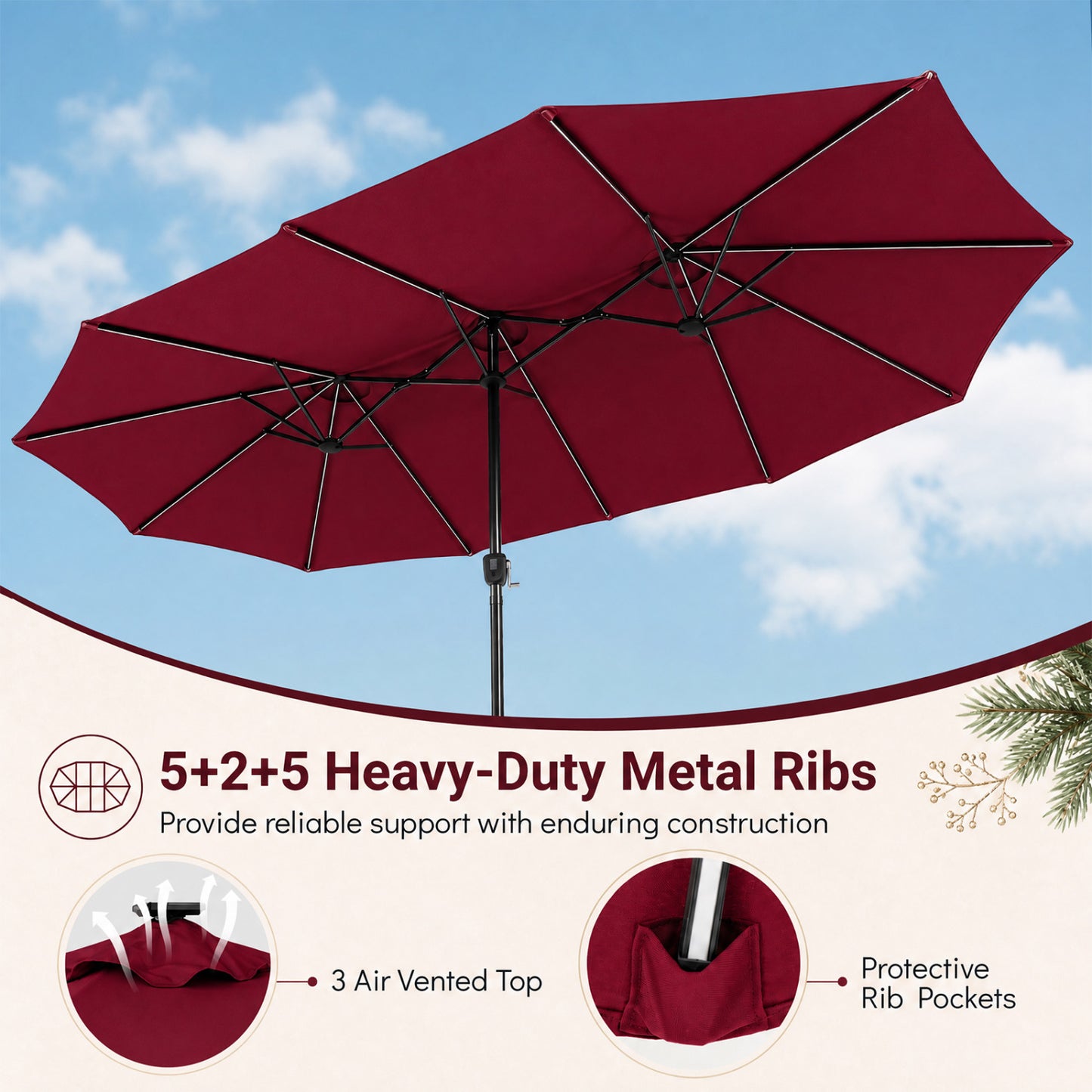 15.5FT Extra-Large Patio Umbrella, 12 Metal Ribs, Red Outdoor Umbrellas at Gallery Canada