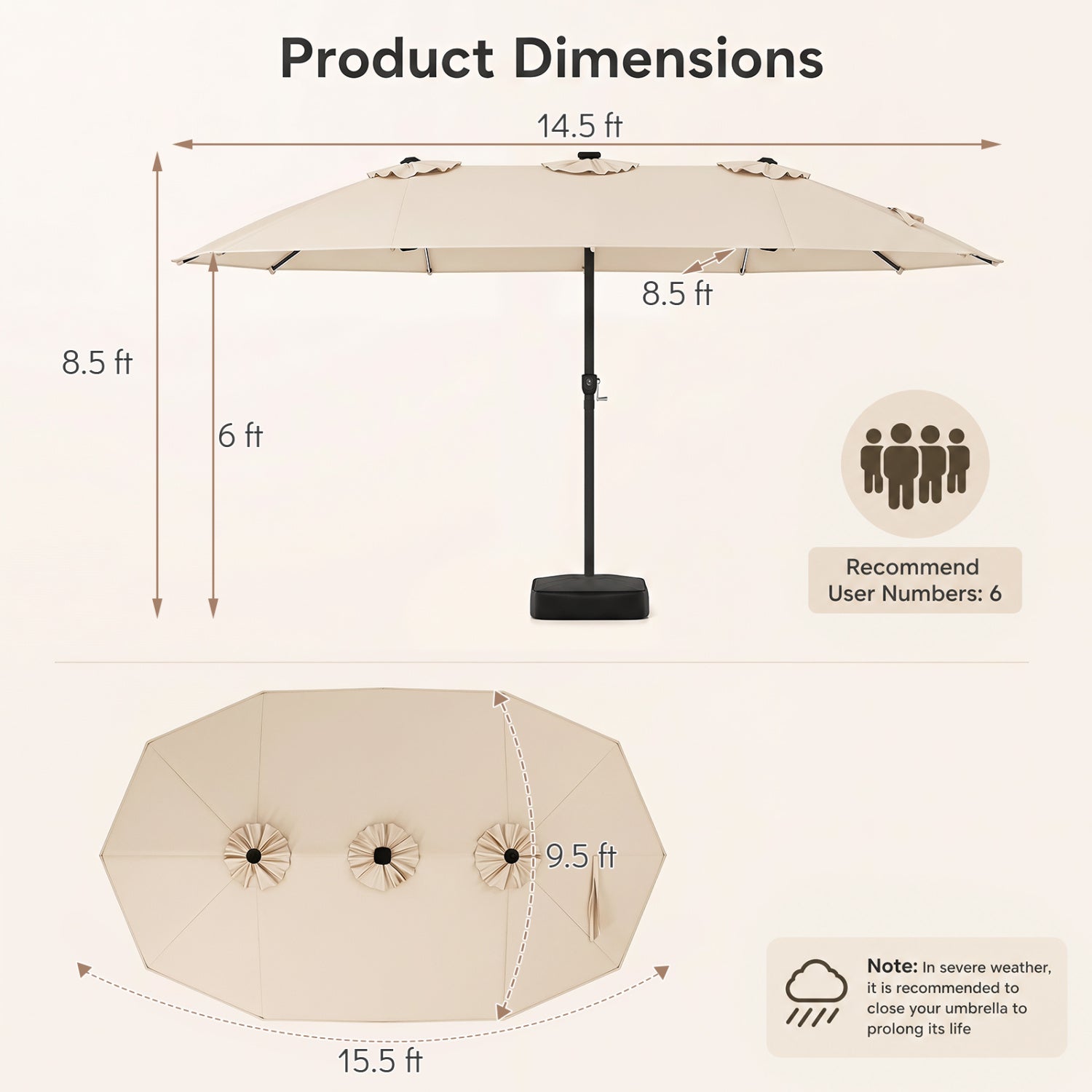 15.5FT Extra-Large Patio Umbrella, 12 Ribs, Beige Outdoor Umbrellas at Gallery Canada