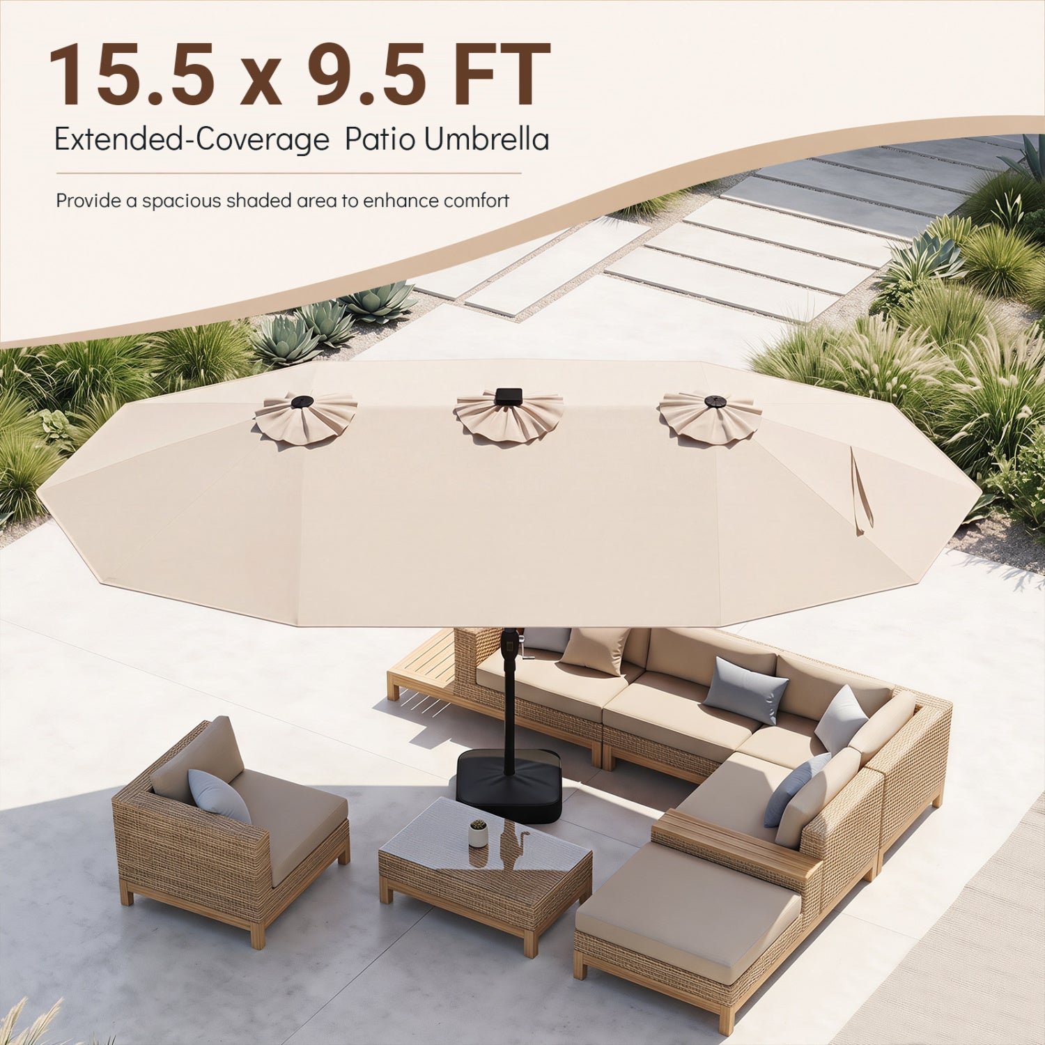 15.5FT Extra-Large Patio Umbrella, 12 Ribs, Beige Outdoor Umbrellas at Gallery Canada