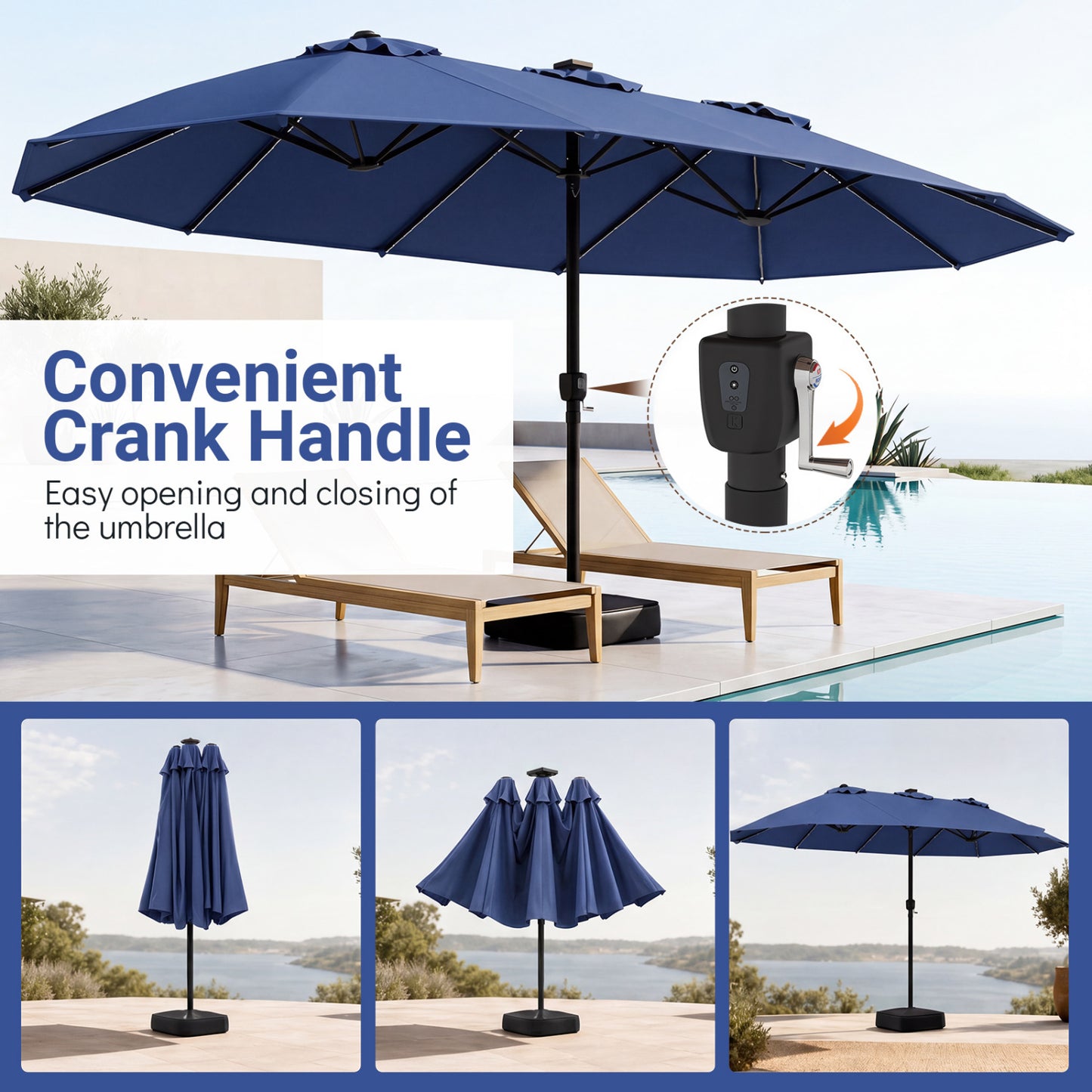 15.5FT Patio Umbrella With Base, 12 Ribs, Navy Outdoor Umbrellas at Gallery Canada