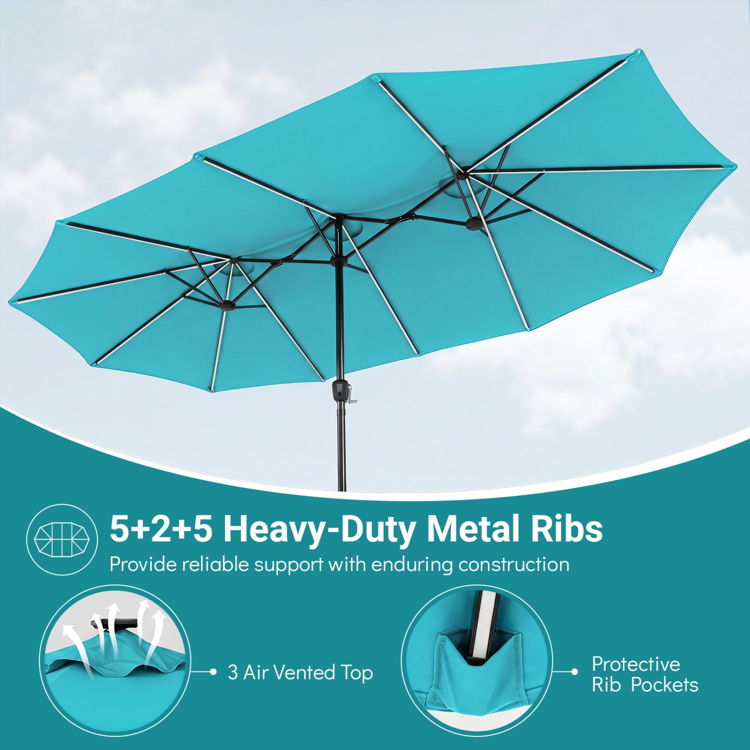 15.5FT Patio Umbrella With Base, 12 Ribs, Turquoise Outdoor Umbrellas at Gallery Canada