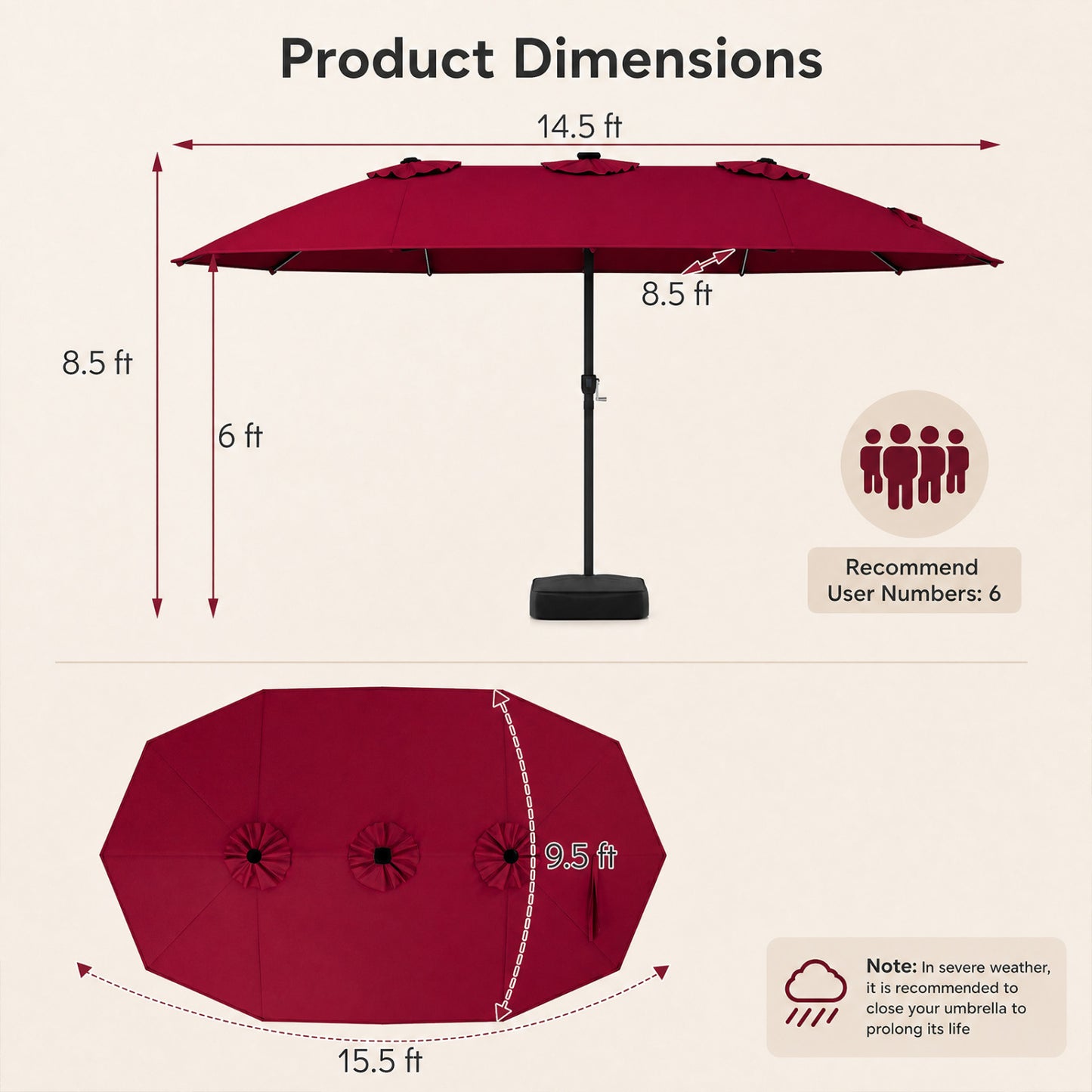 15.5FT Extra-Large Patio Umbrella With Base, Red Outdoor Umbrellas at Gallery Canada
