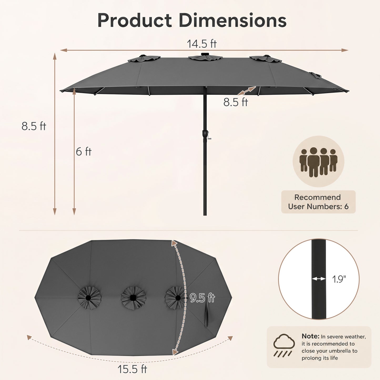 Parapluie de patio de 15,5 pi, 12 nervures métalliques, gris