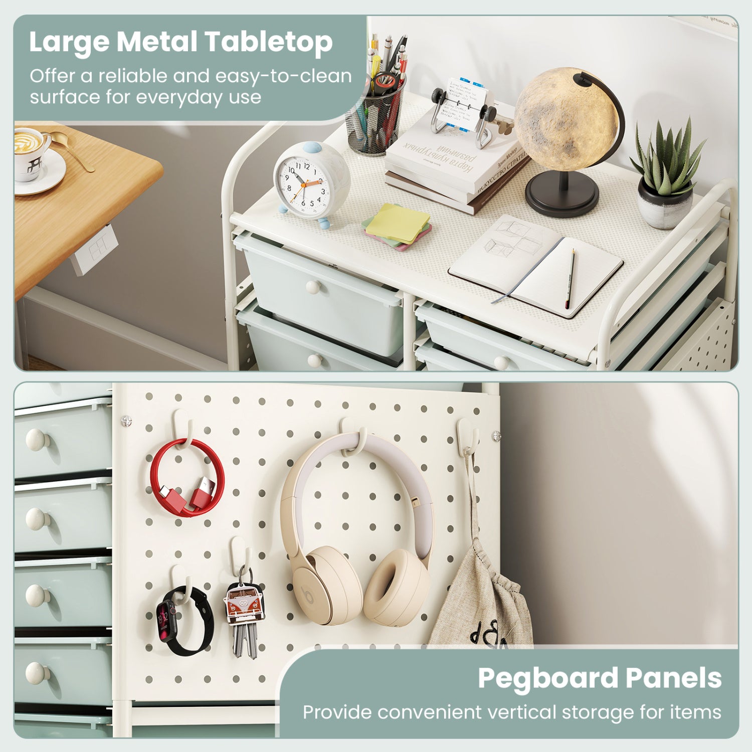 15-Drawer Rolling Storage Cart, Metal Tabletop, Pegboard, Green File Cabinets at Gallery Canada