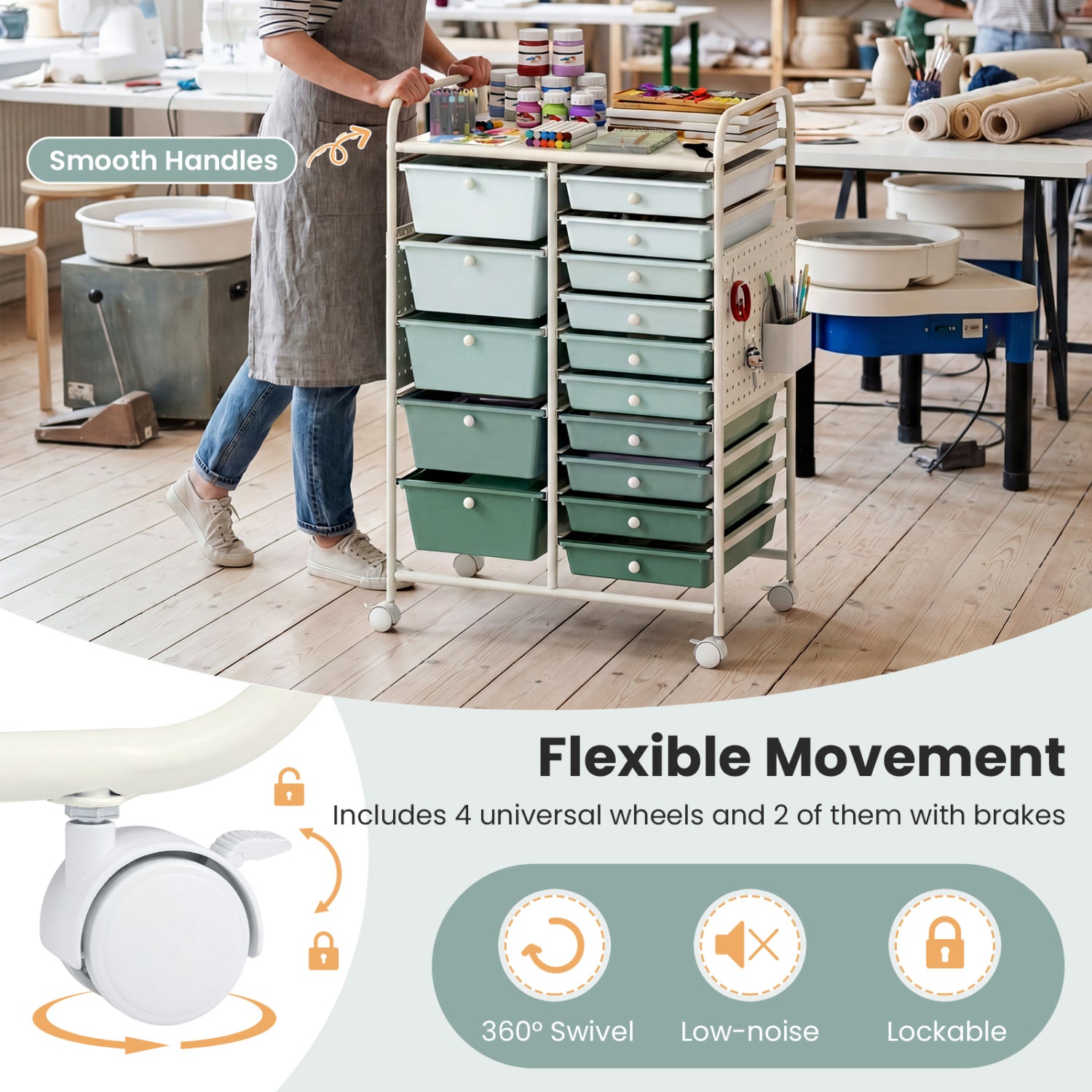 15-Drawer Rolling Storage Cart, Metal Tabletop, Pegboard, Green File Cabinets at Gallery Canada
