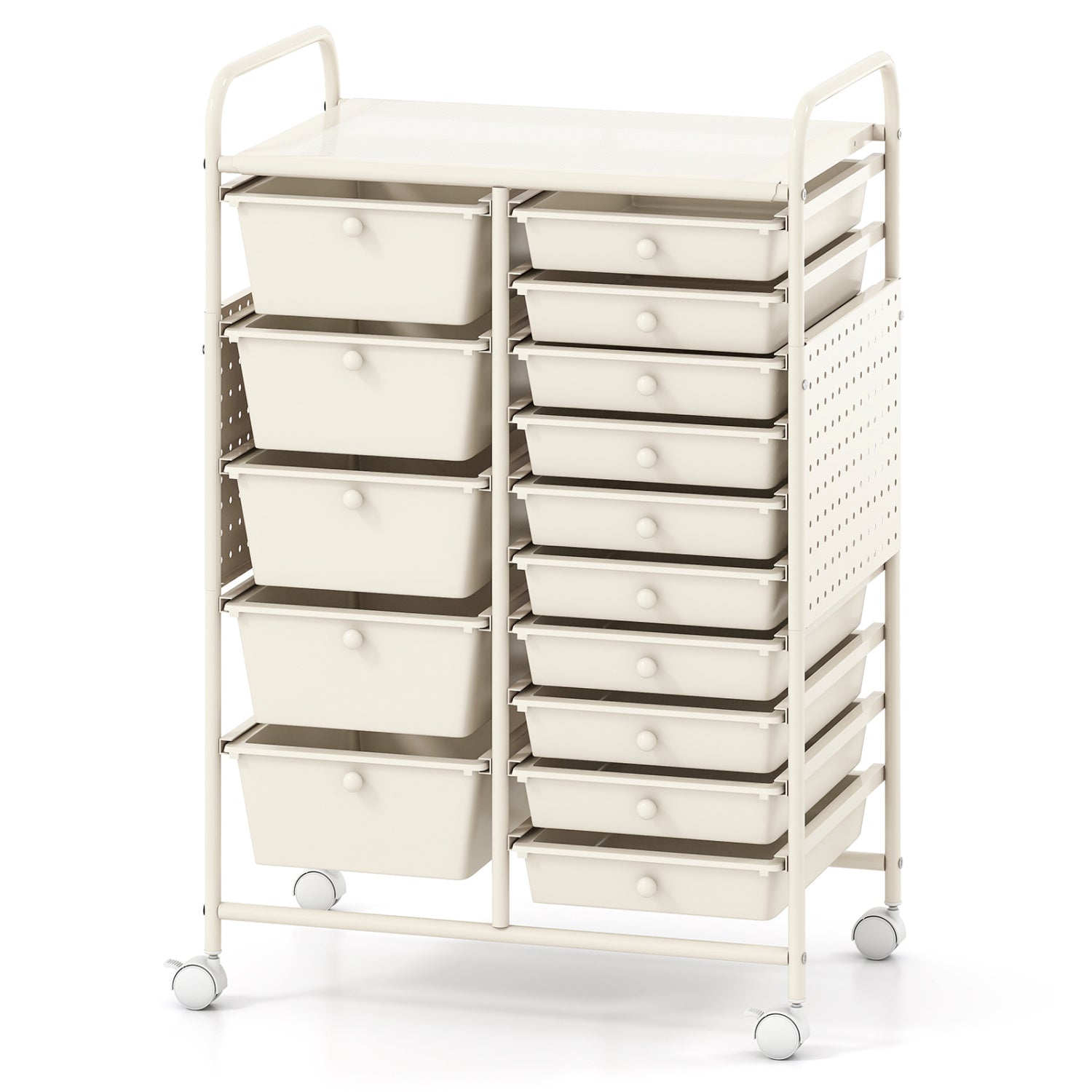 15-Drawer Rolling Storage Cart with Metal Tabletop and Pegboard, White File Cabinets White at Gallery Canada