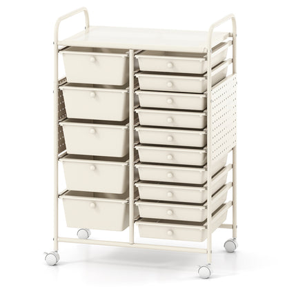 15-Drawer Rolling Storage Cart with Metal Tabletop and Pegboard, White File Cabinets White at Gallery Canada