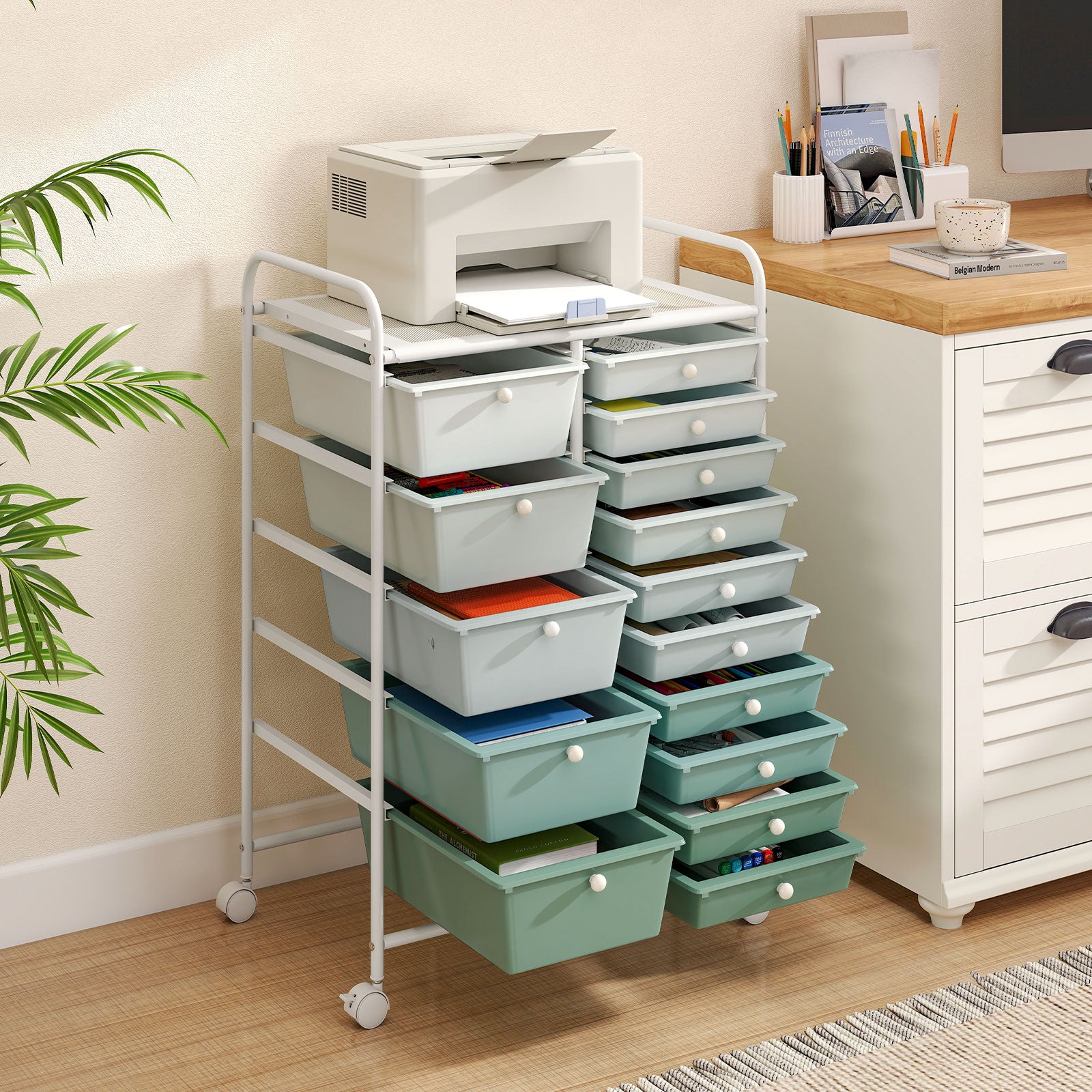 15-Drawer Rolling Cart, Multi-Use Storage, Light Green, Lime Green File Cabinets at Gallery Canada