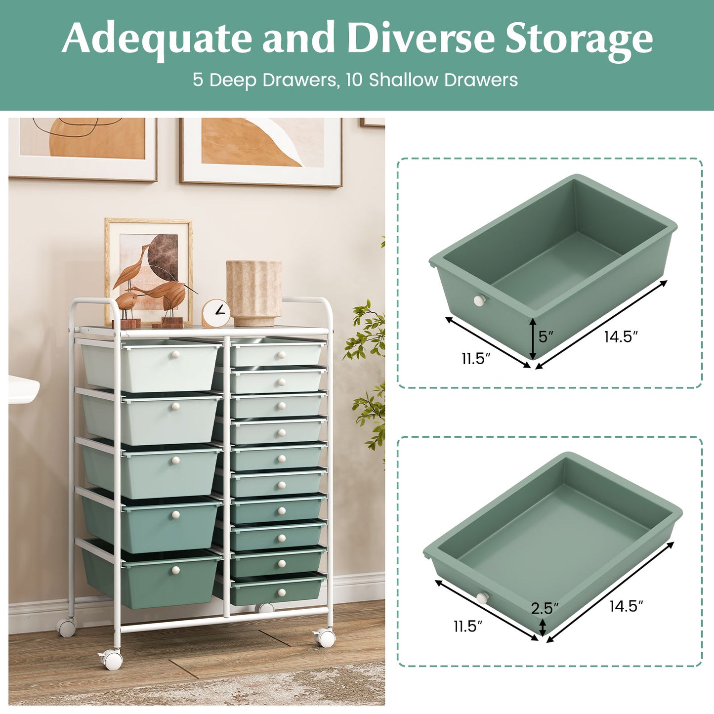15-Drawer Rolling Cart, Multi-Use Storage, Light Green, Lime Green File Cabinets at Gallery Canada
