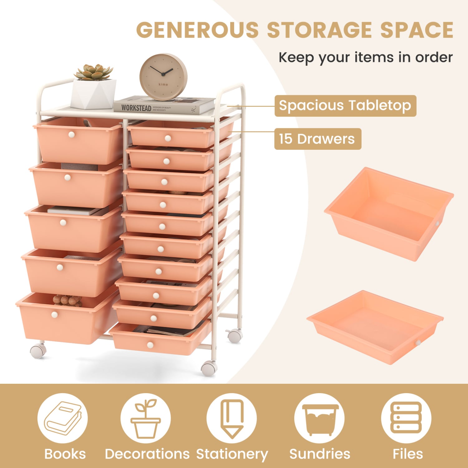 15-Drawer Rolling Organizer Cart, Multi-Use Storage, Peach File Cabinets at Gallery Canada