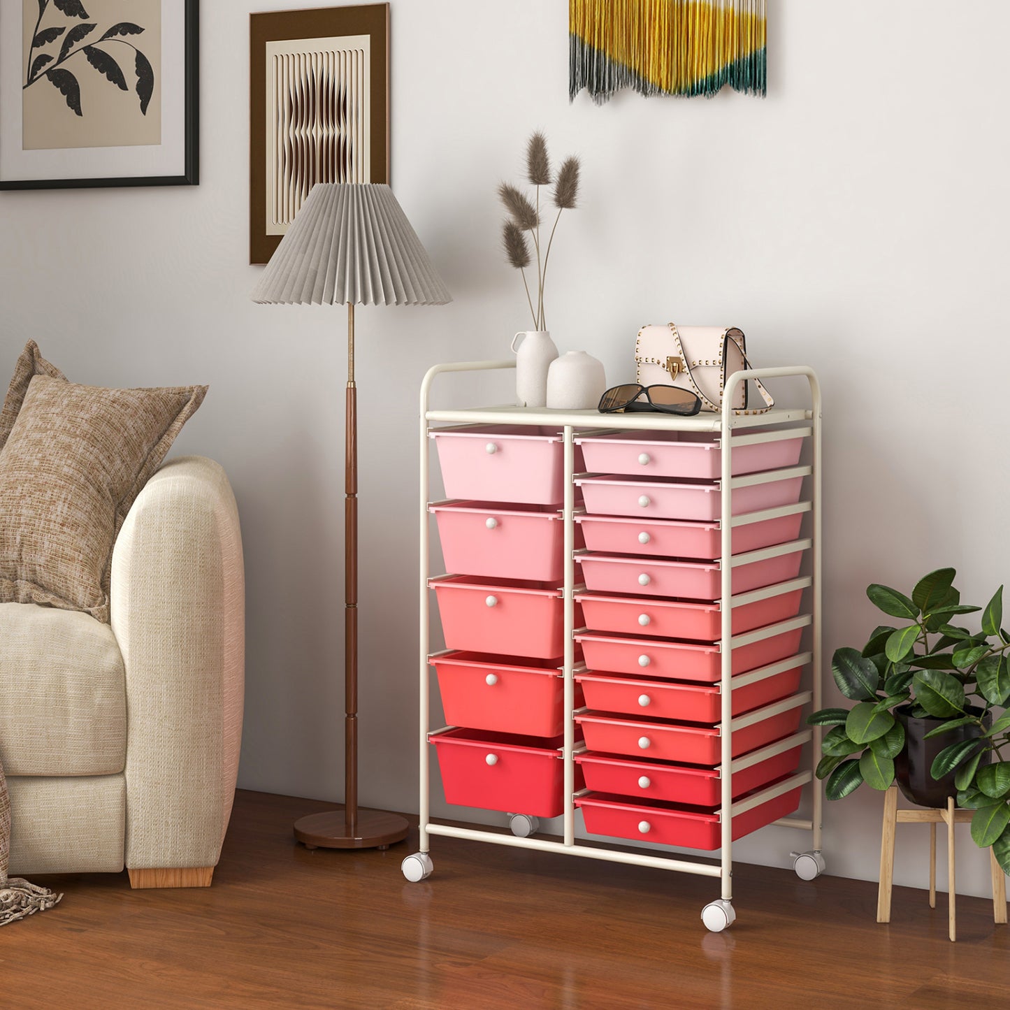 15-Drawer Rolling Organizer Cart, Multi-Use Storage, Gradient, Pink File Cabinets at Gallery Canada