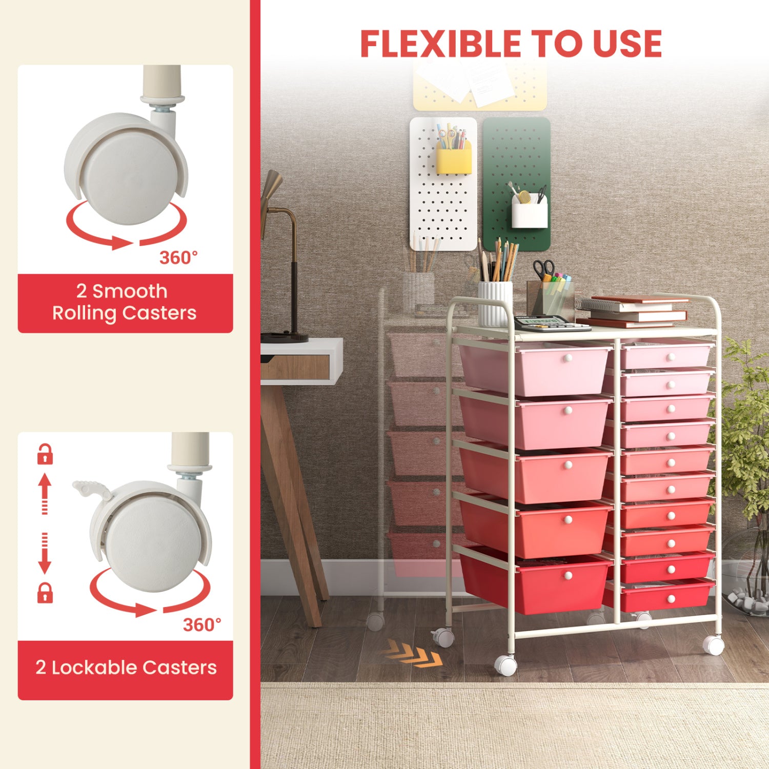 15-Drawer Rolling Organizer Cart, Multi-Use Storage, Gradient, Pink File Cabinets at Gallery Canada