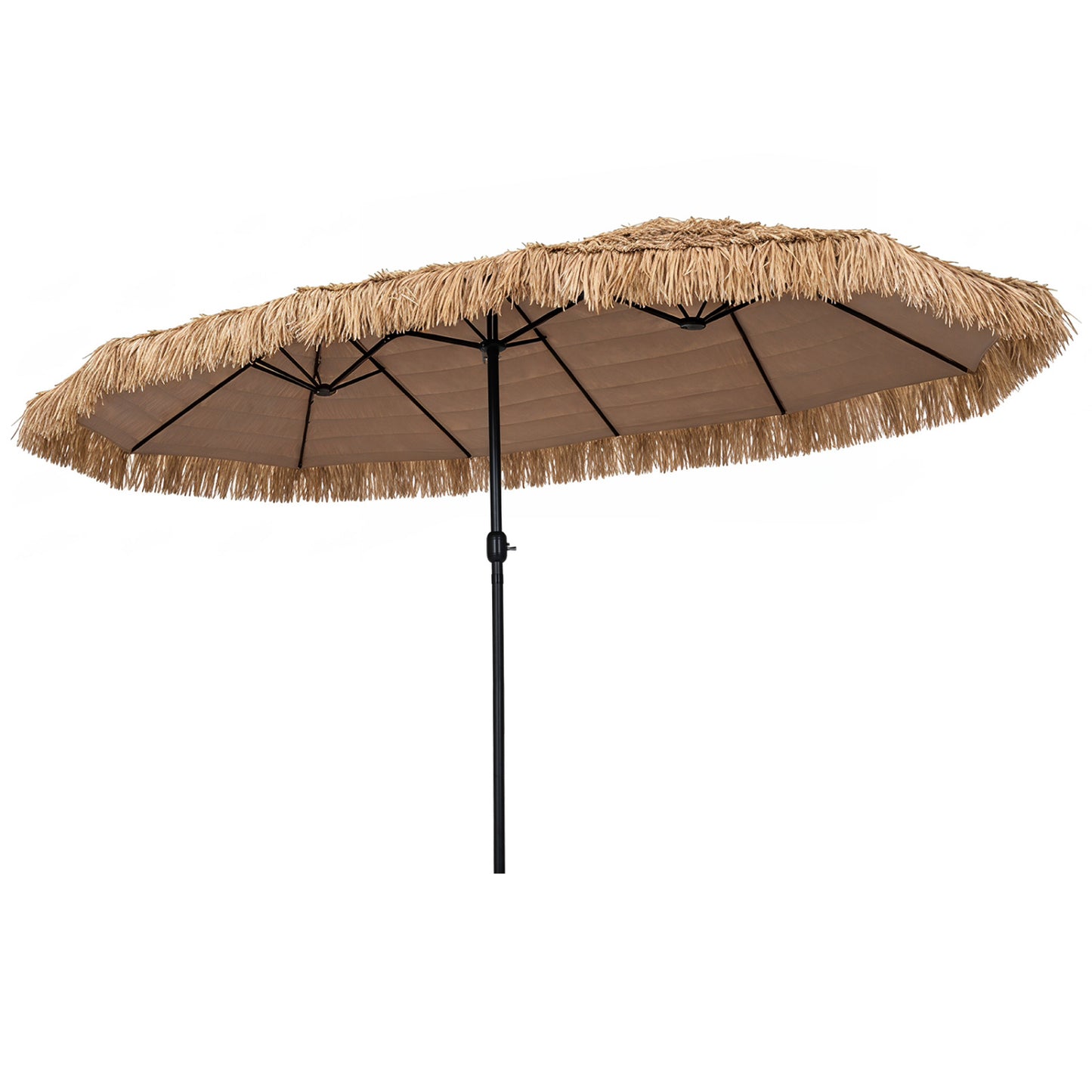 Double-sided Thatched Tiki Patio Umbrella, 15 x 9 FT, Brown Outdoor Umbrellas Brown at Gallery Canada