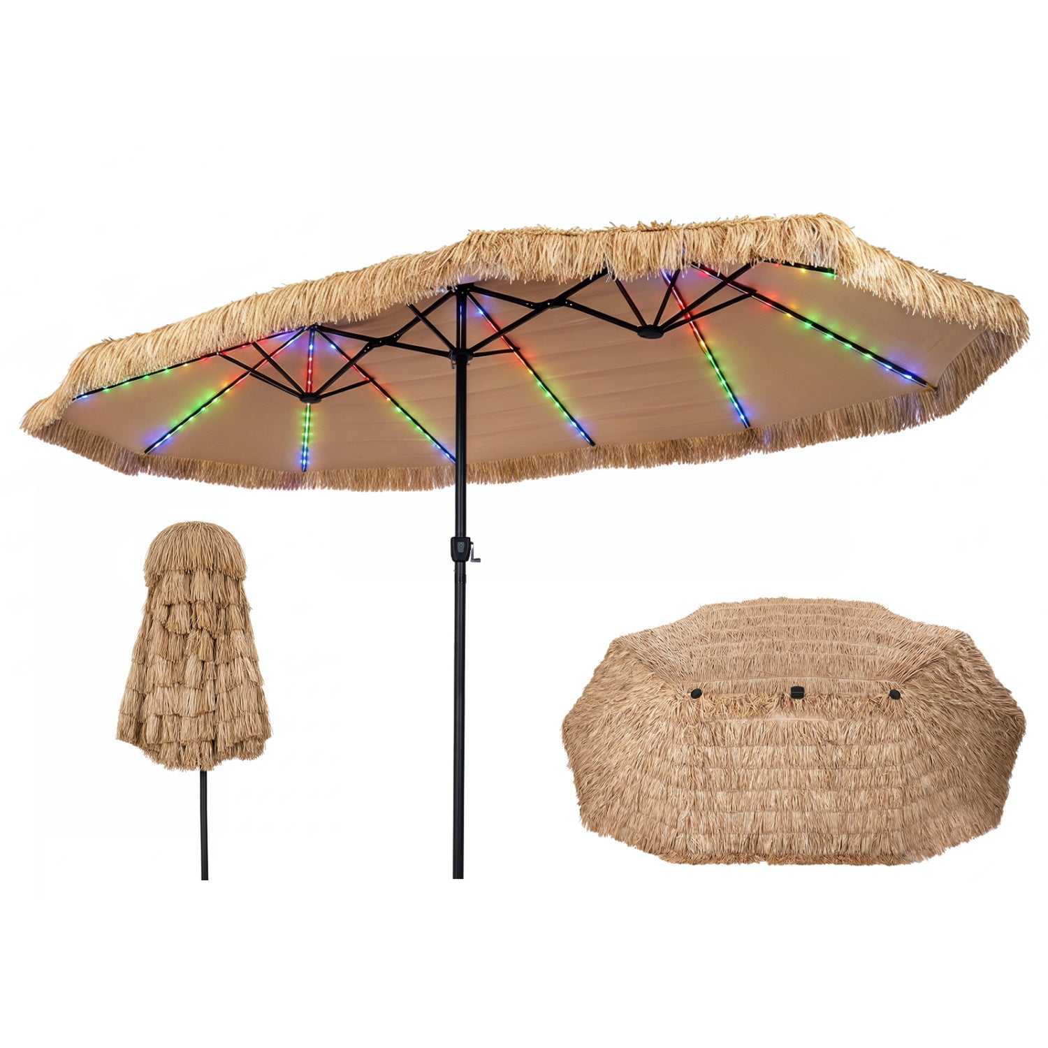 15x9 FT Solar Patio Umbrella, 144 Multi-Colored Lights, 12 Modes, Brown Outdoor Umbrellas at Gallery Canada