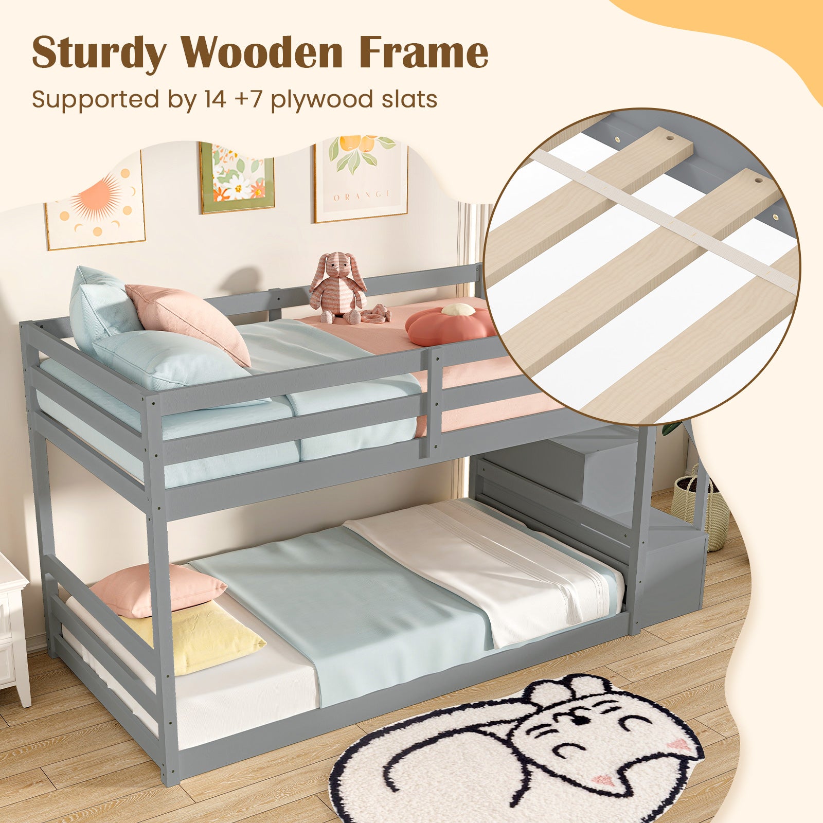 Twin Over Twin Low Bunk Bed With Storage Stairs, Solid Wood Frame, Gray Bunk Bed Frame at Gallery Canada