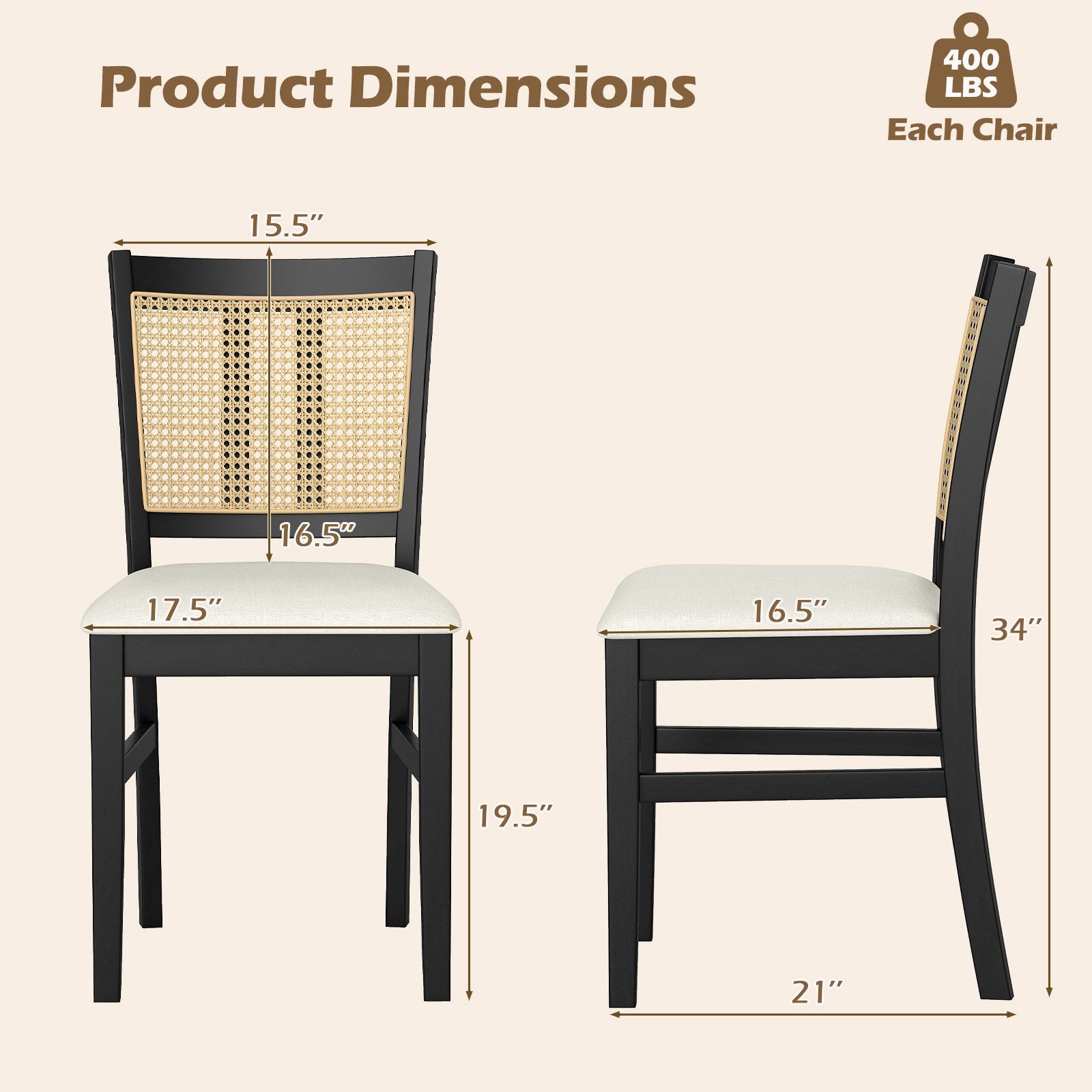 Farmhouse Rattan Dining Chair Set, 2 Pack, Rubber Wood Legs, Beige Dining Chairs at Gallery Canada
