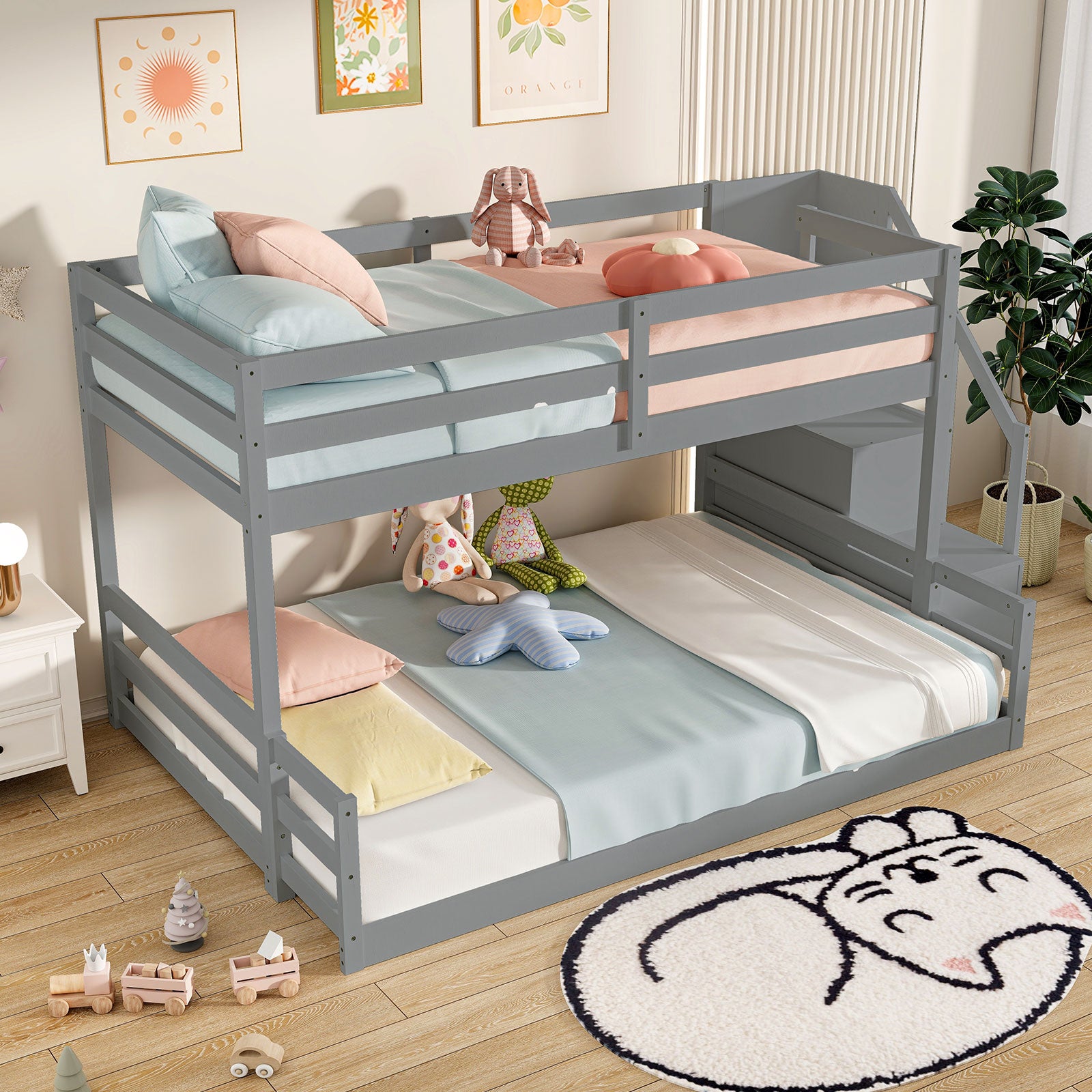Solid Wood Twin Over Full Low Bunk Bed With Storage Stairs, Gray Bunk Bed Frame at Gallery Canada