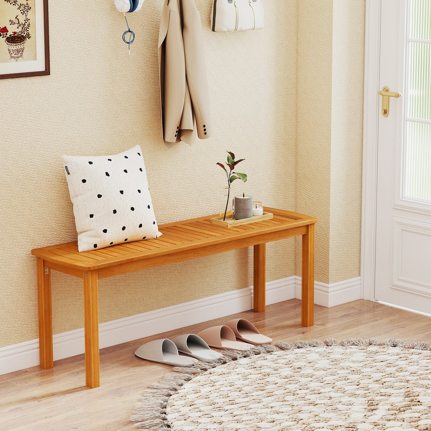 Acacia Wood Outdoor Bench With Slatted Seat, Natural Outdoor Benches at Gallery Canada