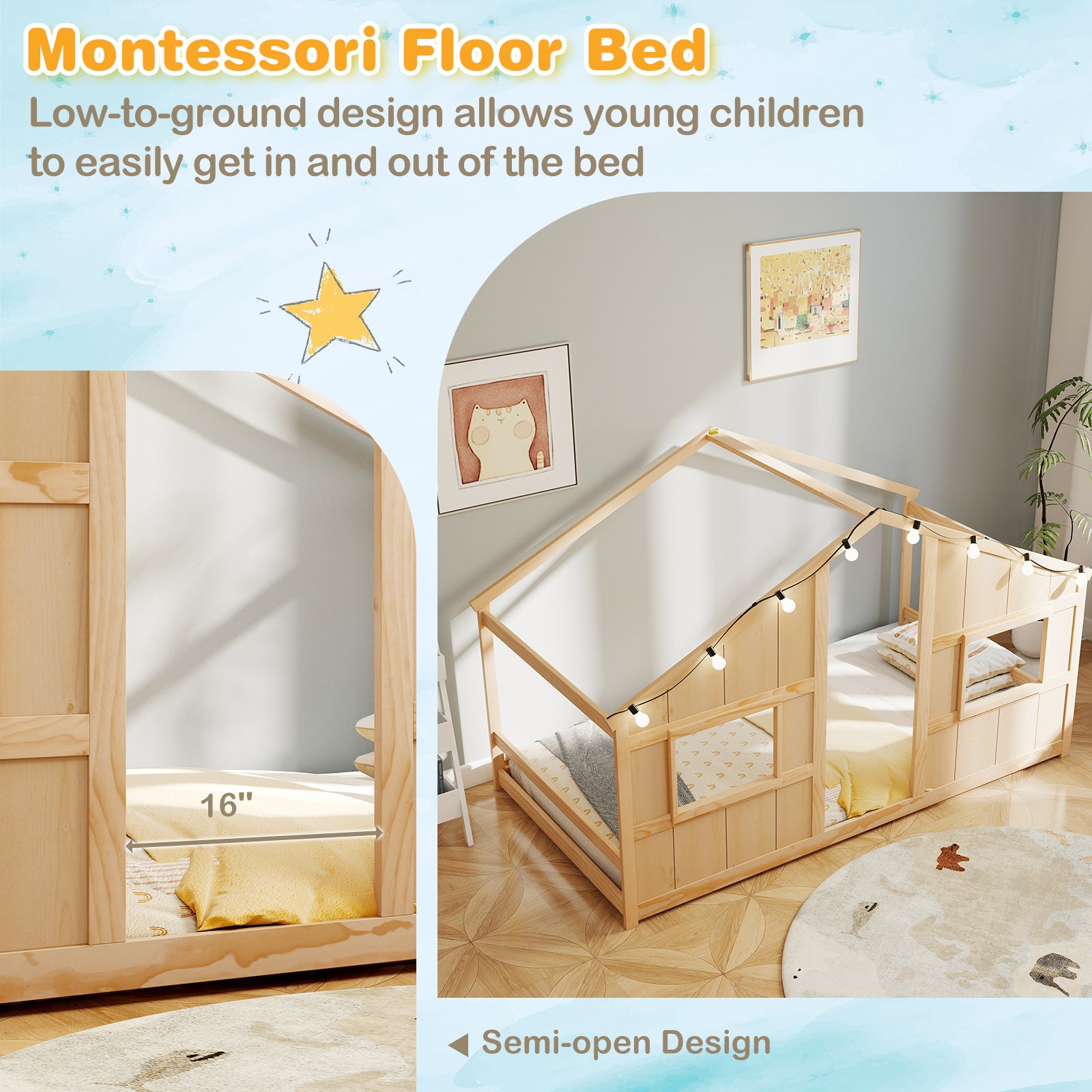 Twin Size House Bed With LED Lights, Montessori Slat-Free Floor Bed, Natural Toddler Beds at Gallery Canada