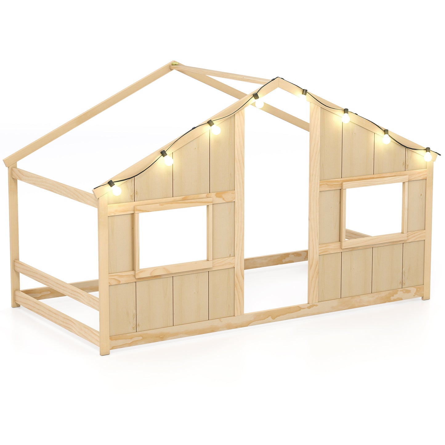 Twin Size House Bed With LED Lights, Montessori Slat-Free Floor Bed, Natural Toddler Beds Natural at Gallery Canada