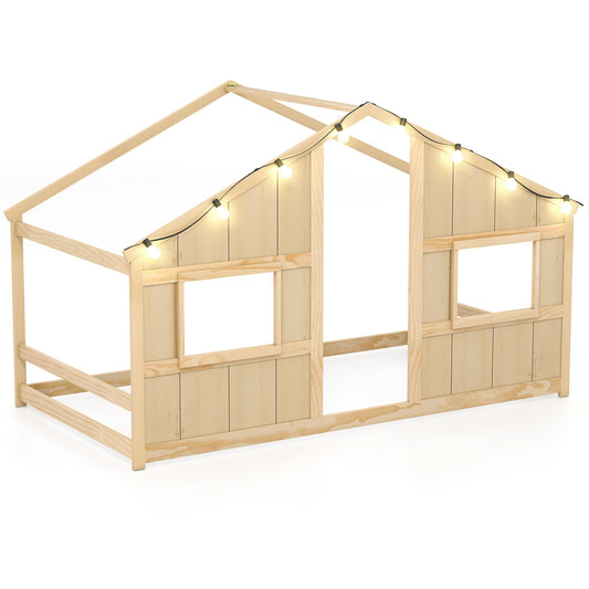 Twin Size House Bed With LED Lights, Montessori Slat-Free Floor Bed, Natural Toddler Beds Natural at Gallery Canada