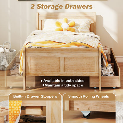 Twin Sleigh Bed With 2 Storage Drawers, Wood Platform Frame, Natural Simple Bed Frame at Gallery Canada