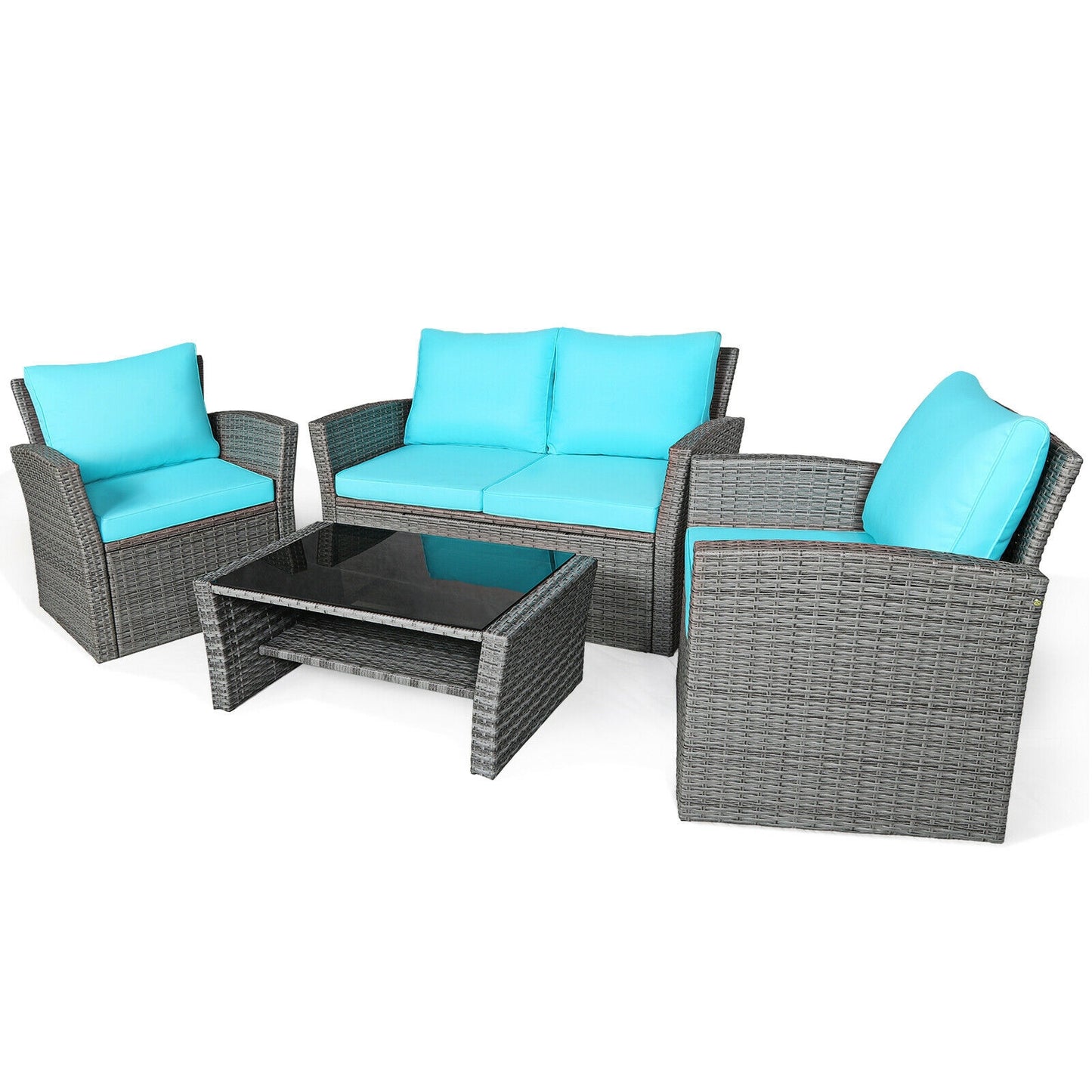 4 Pcs Rattan Patio Set, Sofa Table With Storage Shelf, Turquoise Patio Conversation Sets at Gallery Canada