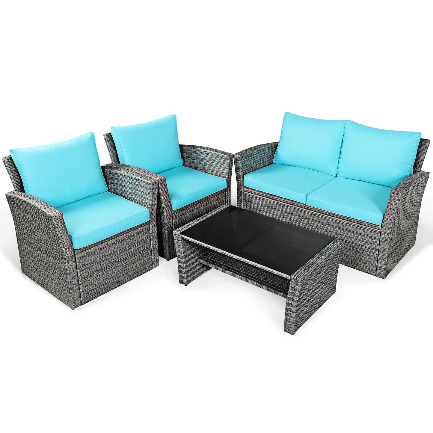 4 Pcs Rattan Patio Set, Sofa Table With Storage Shelf, Turquoise Patio Conversation Sets at Gallery Canada
