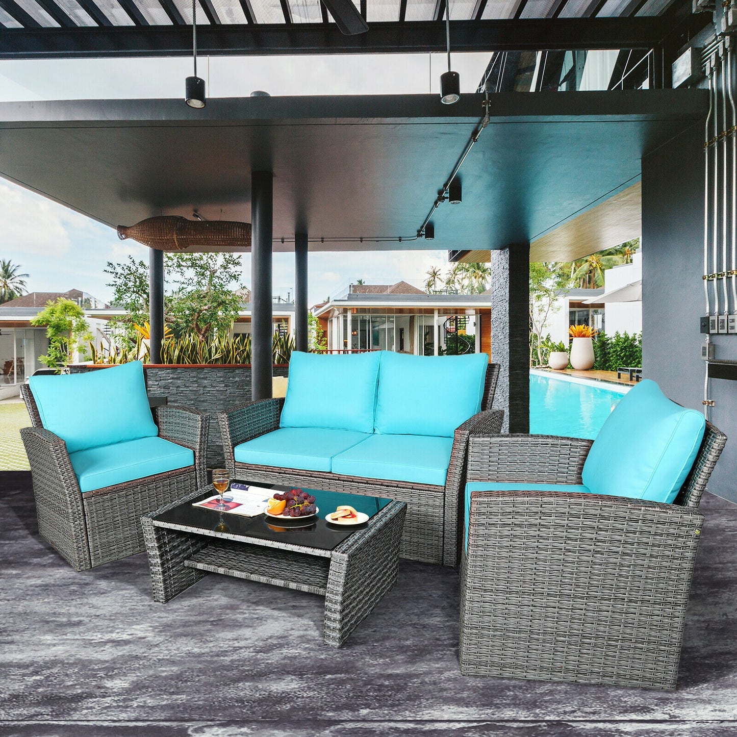 4 Pcs Rattan Patio Set, Sofa Table With Storage Shelf, Turquoise Patio Conversation Sets at Gallery Canada