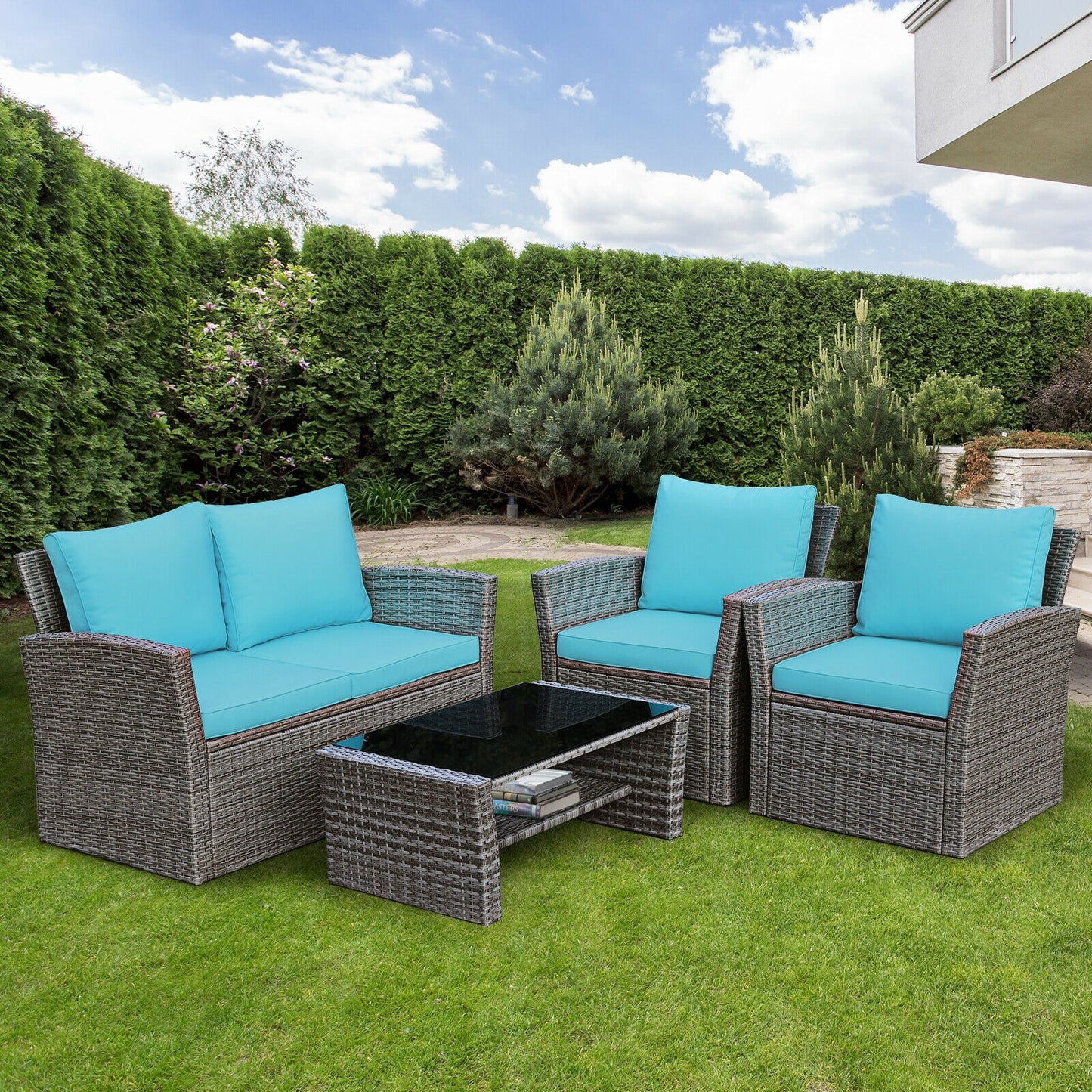 4 Pcs Rattan Patio Set, Sofa Table With Storage Shelf, Turquoise Patio Conversation Sets at Gallery Canada