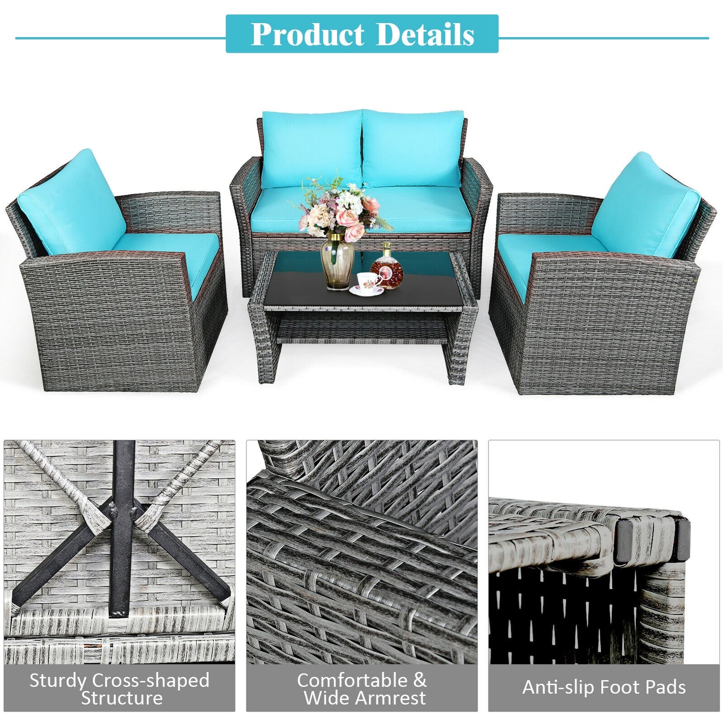 4 Pcs Rattan Patio Set, Sofa Table With Storage Shelf, Turquoise Patio Conversation Sets at Gallery Canada