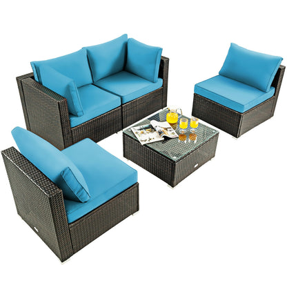 5 Piece Patio Rattan Furniture Set, Glass Table, Turquoise Outdoor Sectionals at Gallery Canada
