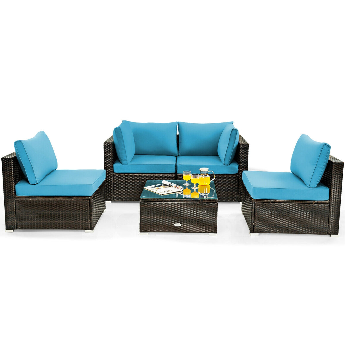 5 Piece Patio Rattan Furniture Set, Glass Table, Turquoise Outdoor Sectionals Turquoise at Gallery Canada