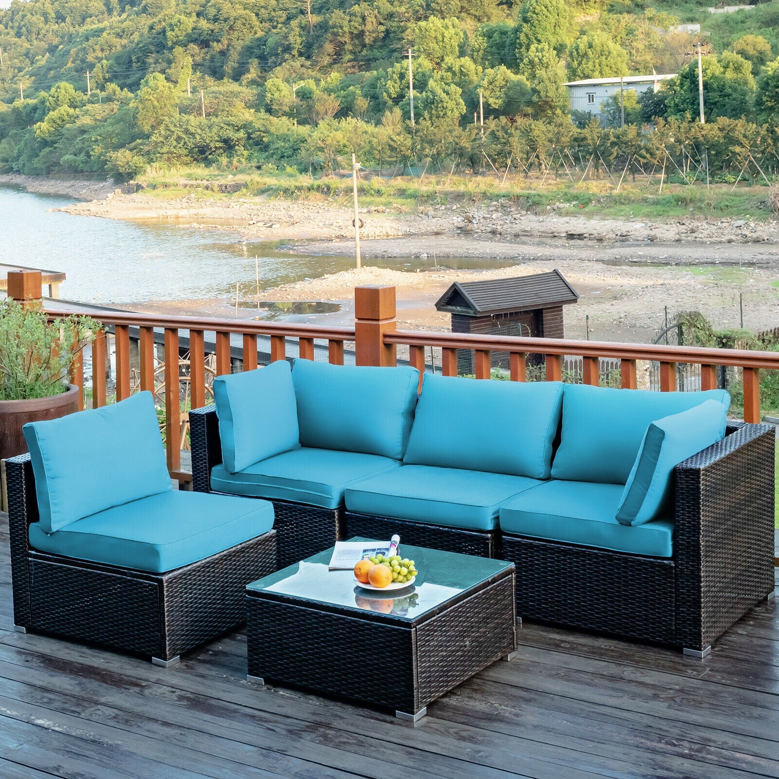 5 Piece Patio Rattan Furniture Set, Glass Table, Turquoise Outdoor Sectionals at Gallery Canada