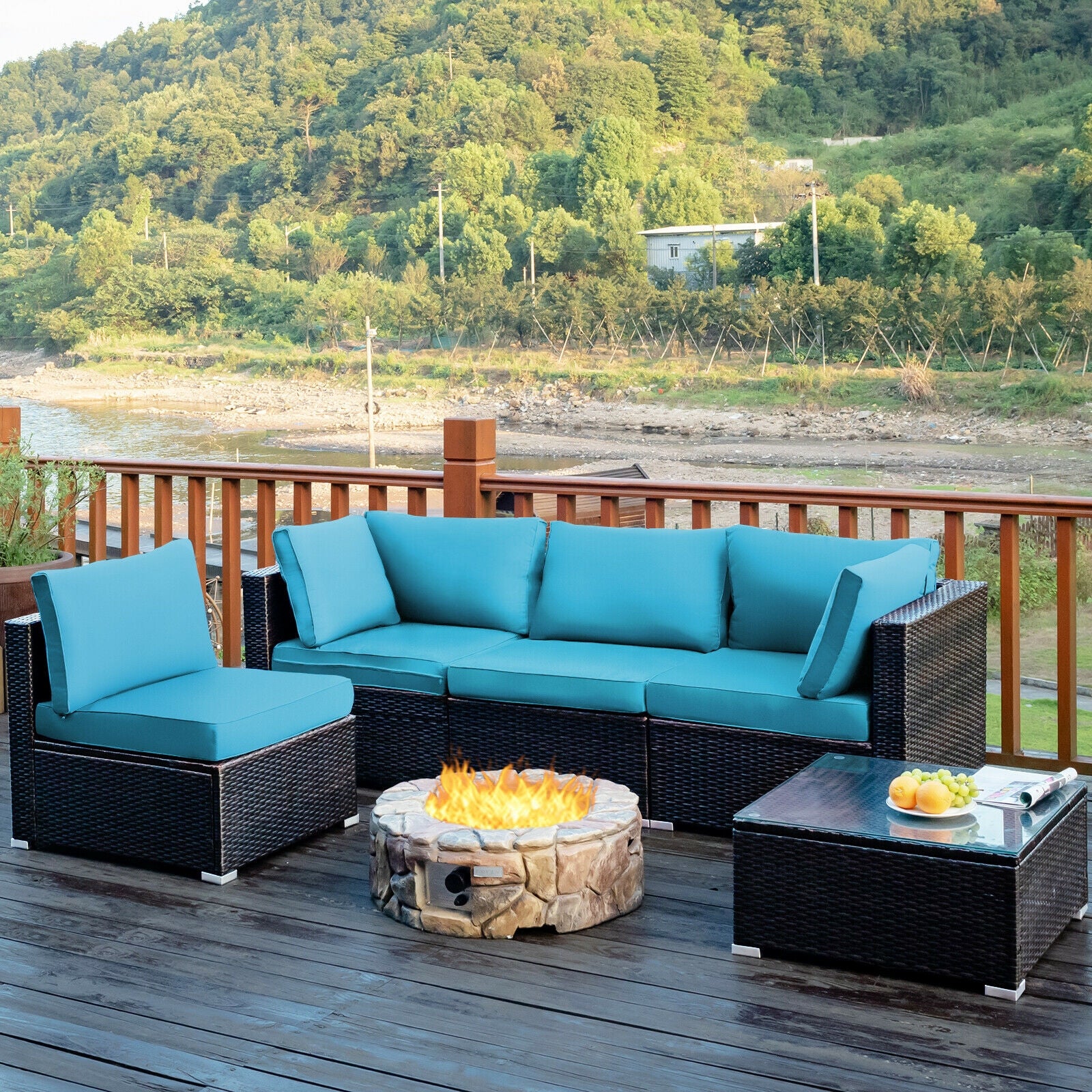 5 Piece Patio Rattan Furniture Set, Glass Table, Turquoise Outdoor Sectionals at Gallery Canada