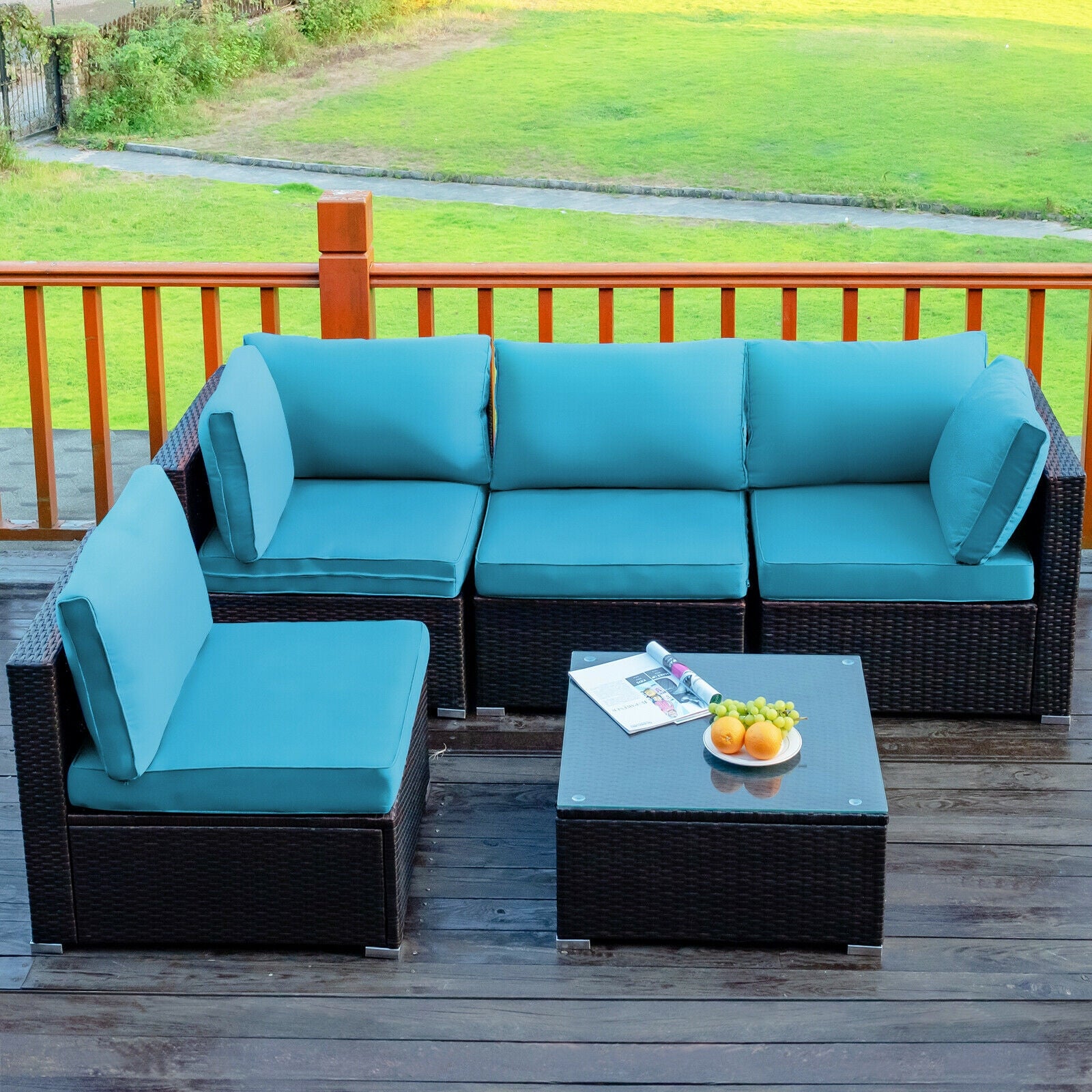 5 Piece Patio Rattan Furniture Set, Glass Table, Turquoise Outdoor Sectionals at Gallery Canada