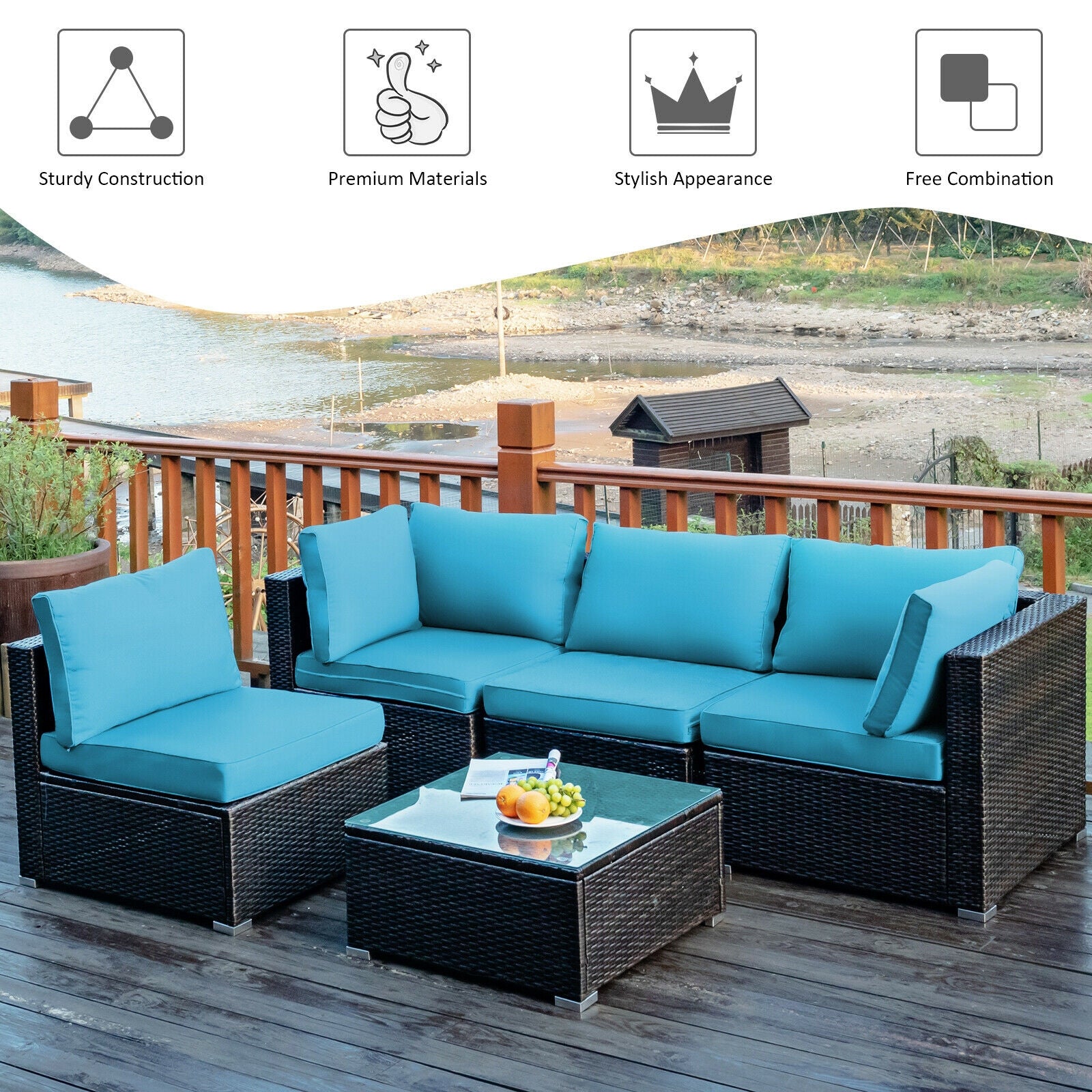 5 Piece Patio Rattan Furniture Set, Glass Table, Turquoise Outdoor Sectionals at Gallery Canada