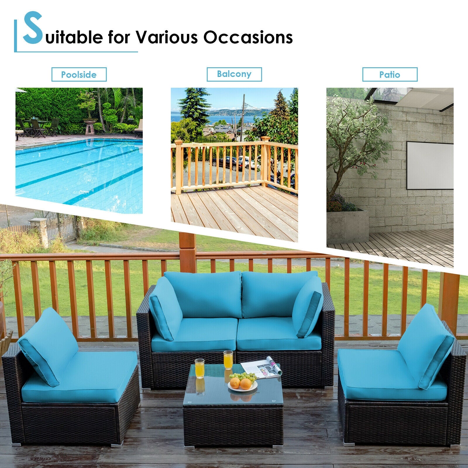 5 Piece Patio Rattan Furniture Set, Glass Table, Turquoise Outdoor Sectionals at Gallery Canada