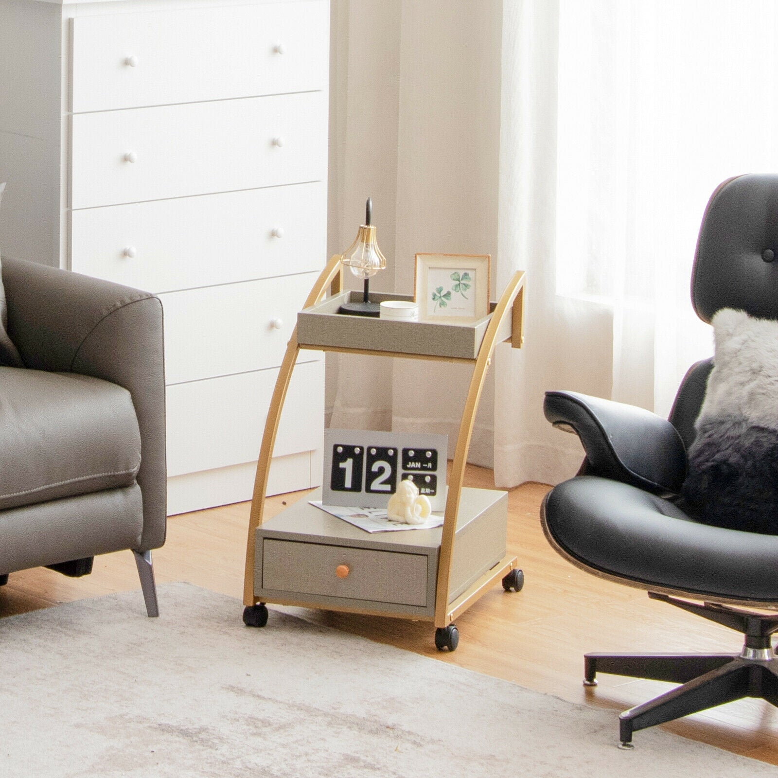 Modern Tray Top Rolling End Table, 4 Casters, Storage Drawer, Gray Kitchen Islands & Carts at Gallery Canada